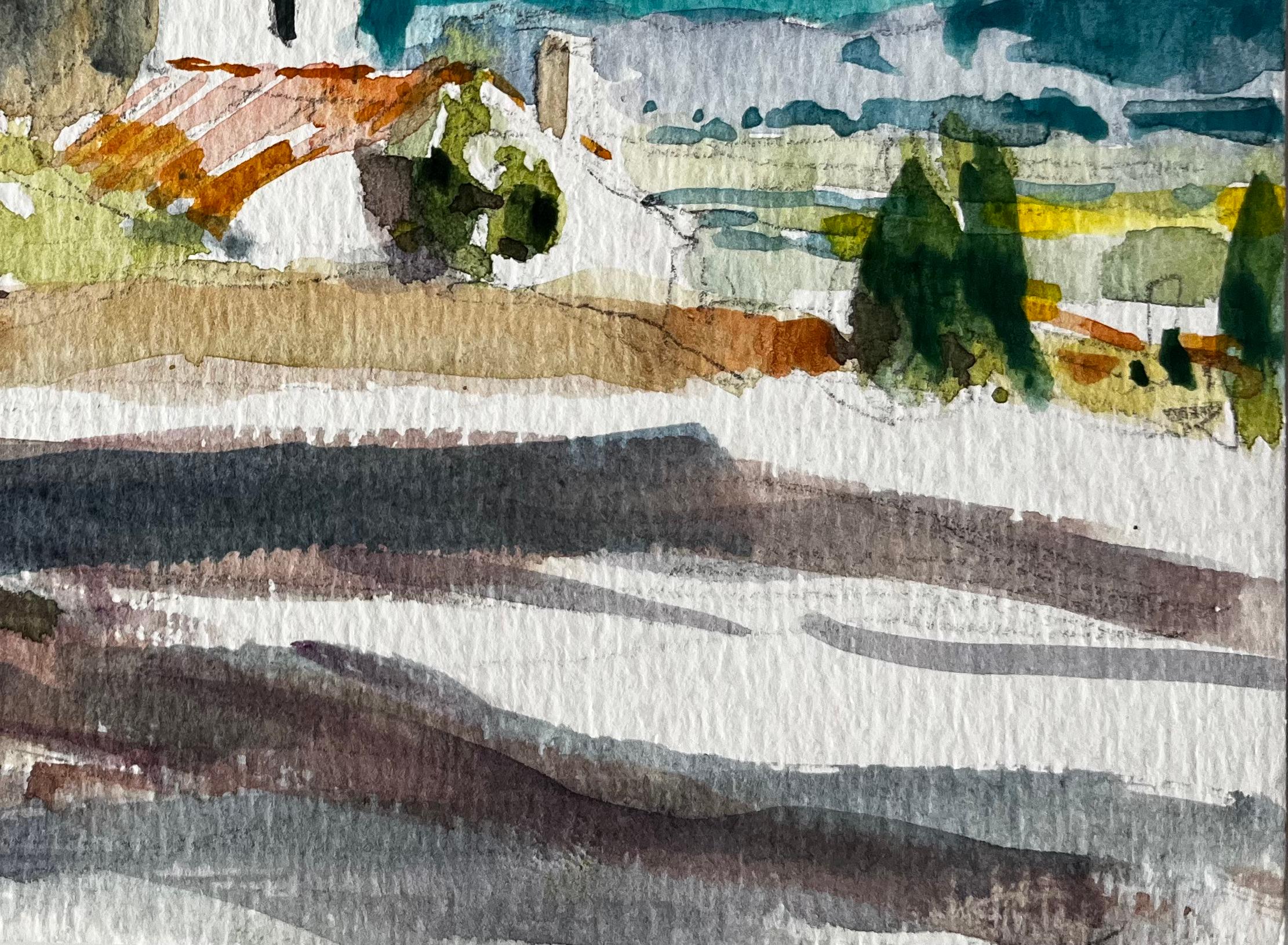 Titel: Mediterrane Landschaft mit weiß getünchten Häusern und Meerblick Französische Moderne Studie
Künstler: Pierre Neveu (Franzose, geb. 1929)
Medium: Aquarell auf Künstlerpapier, ungerahmt
Größe (H x B): 5 x 7 Zoll
Zustand: Insgesamt sehr gut mit