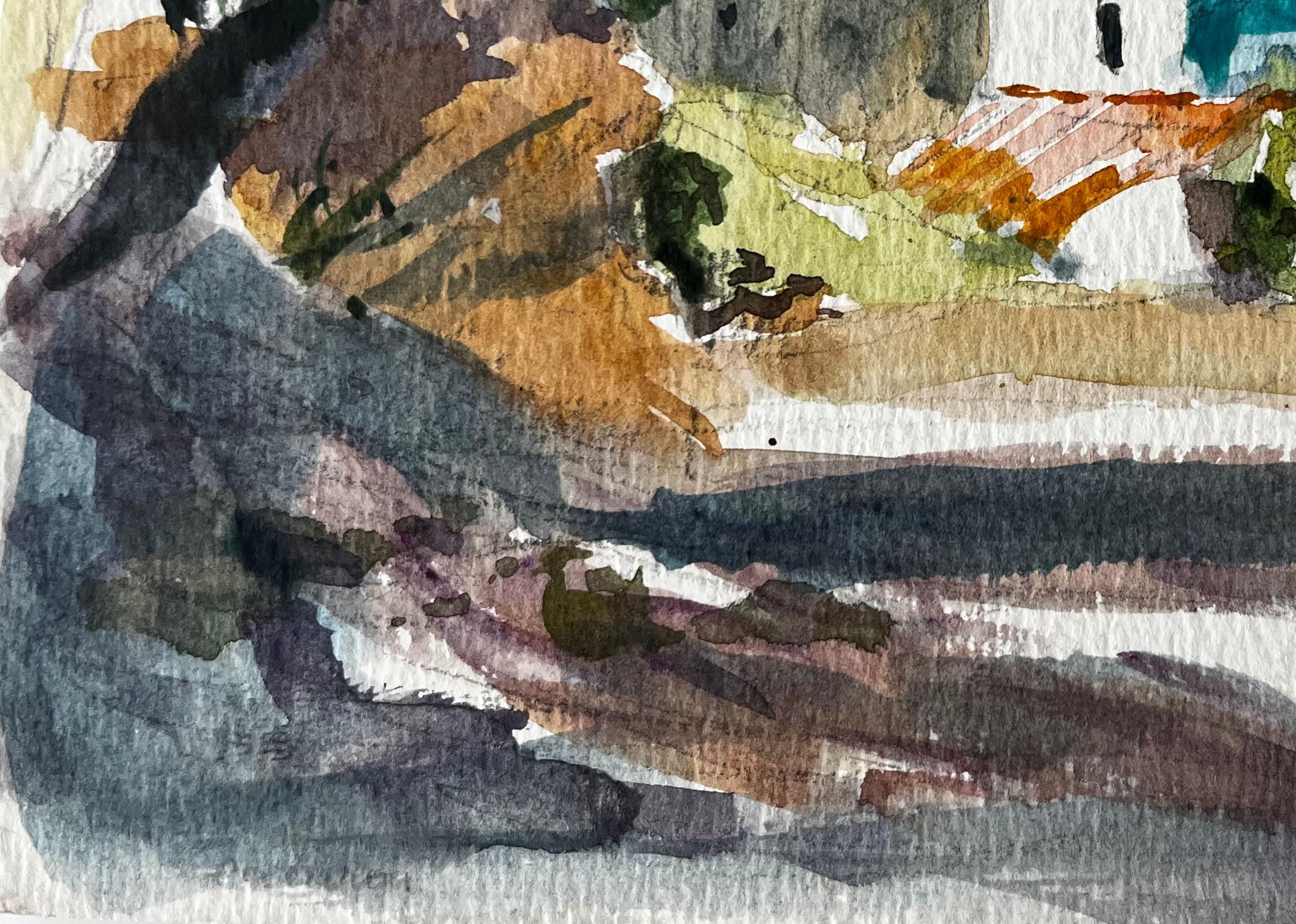 Mediterrane Landschaft mit weiß getünchten Häusern und Meerblick Modernes französisches Arbeitszimmer im Angebot 1