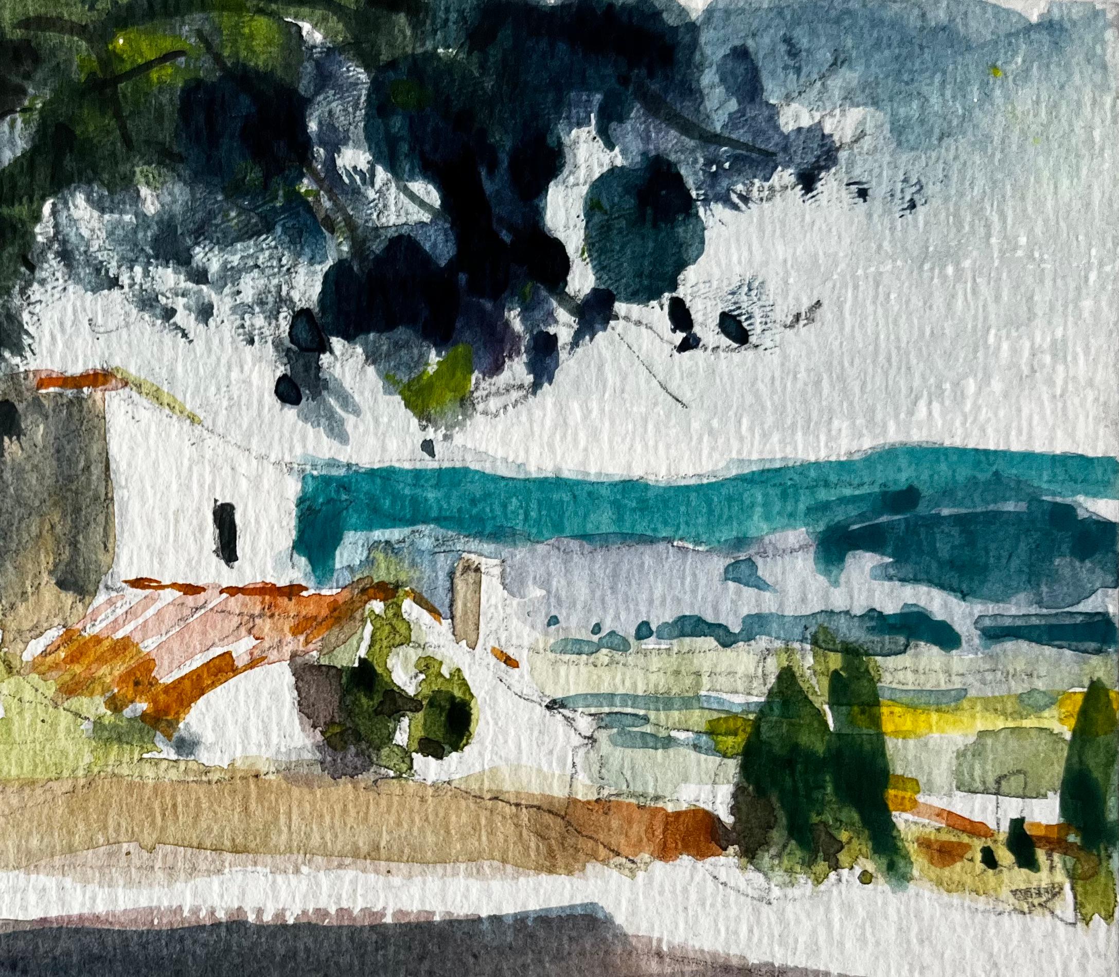 Mediterrane Landschaft mit weiß getünchten Häusern und Meerblick Modernes französisches Arbeitszimmer (Schwarz), Figurative Painting, von Pierre Neveu