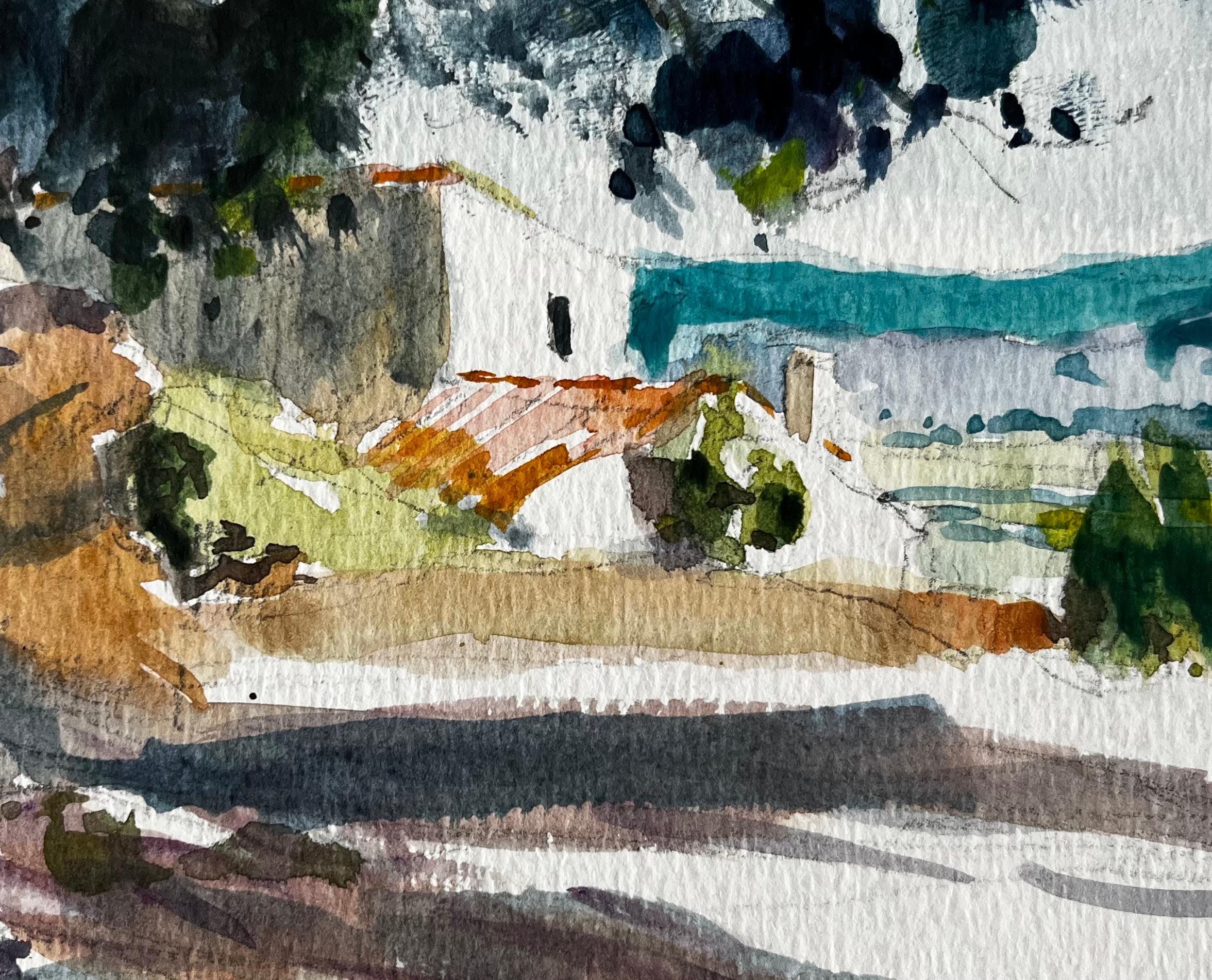 Mediterrane Landschaft mit weiß getünchten Häusern und Meerblick Modernes französisches Arbeitszimmer im Angebot 2