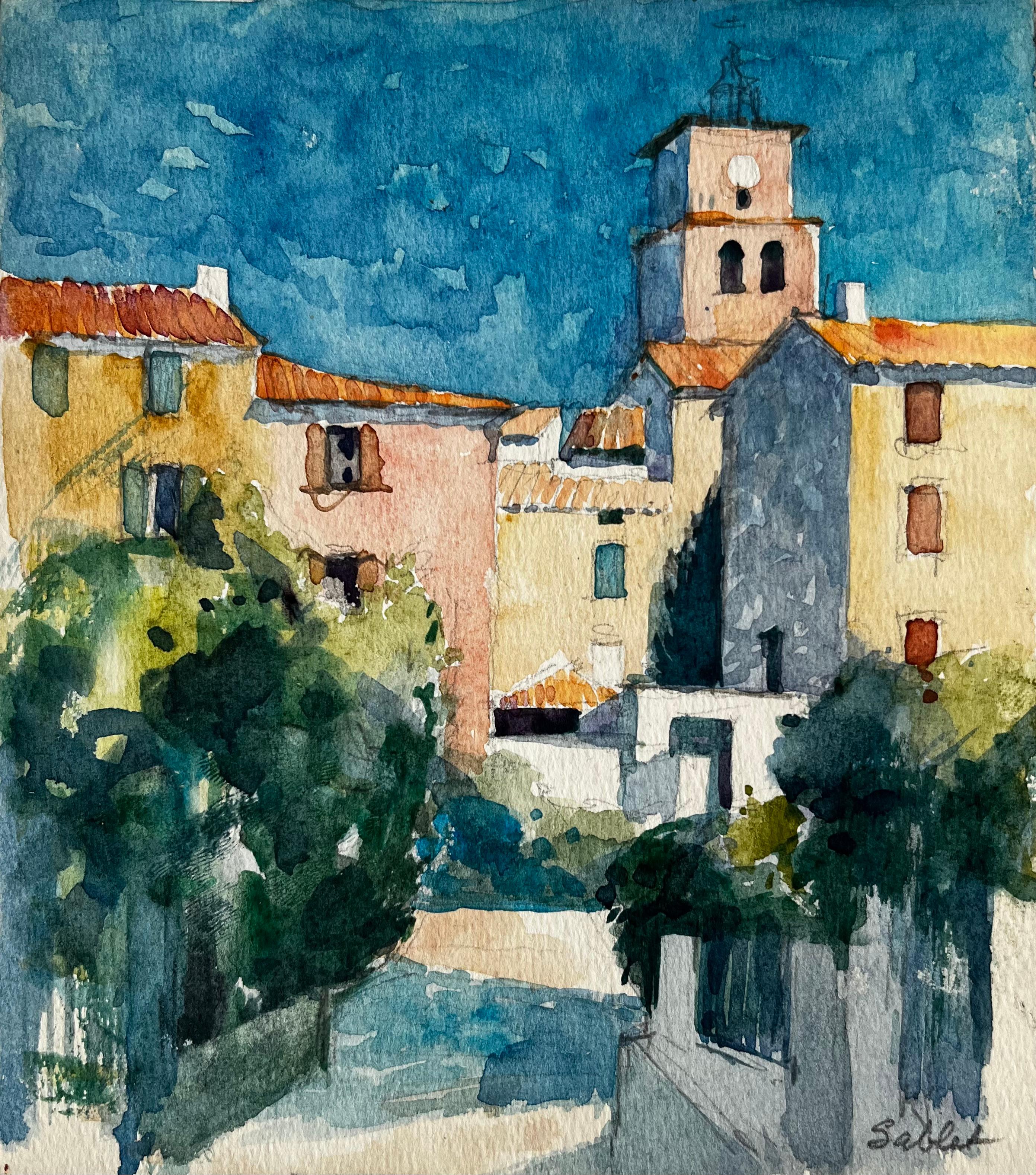 Dorfkirche von Sablet und sonnenbeschienene Häuser Provenzalische französische Landschaftsstudie