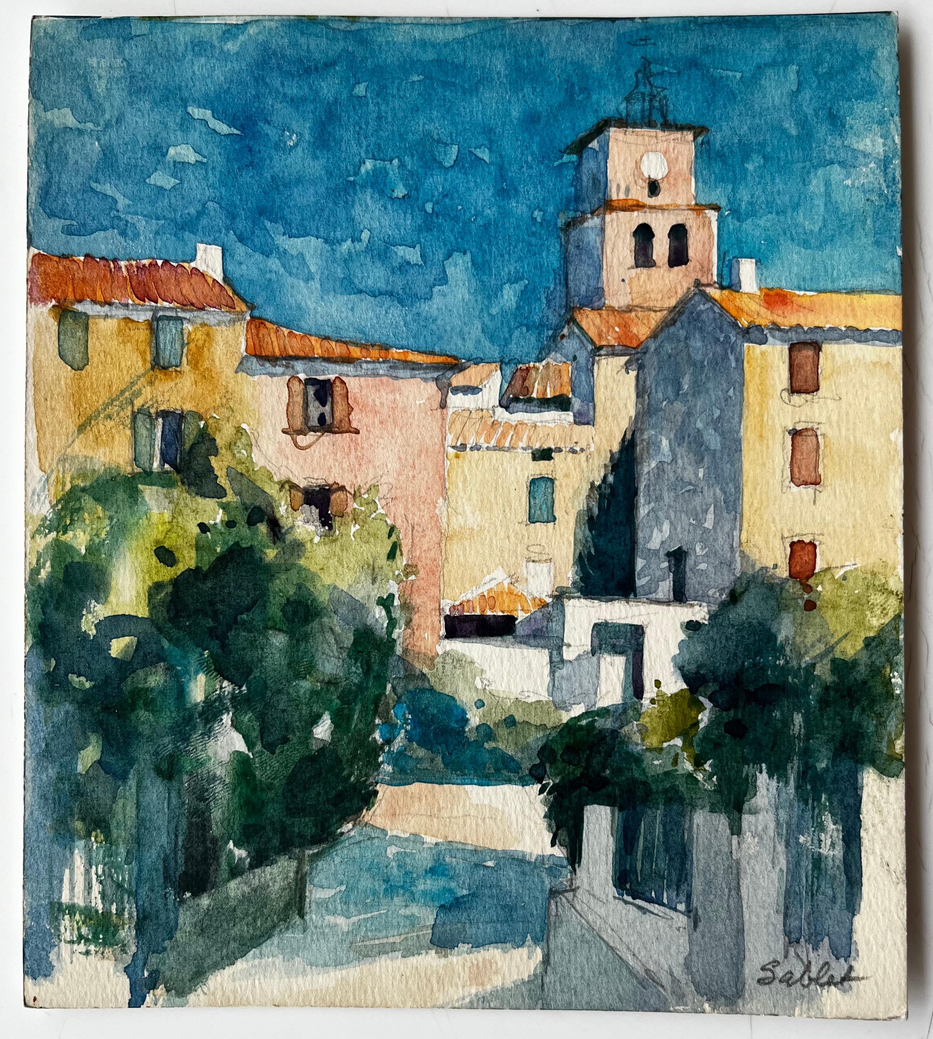 Chiesa del villaggio di Sablet e case illuminate dal sole Studio di paesaggio francese provenzale - Painting di Pierre Neveu