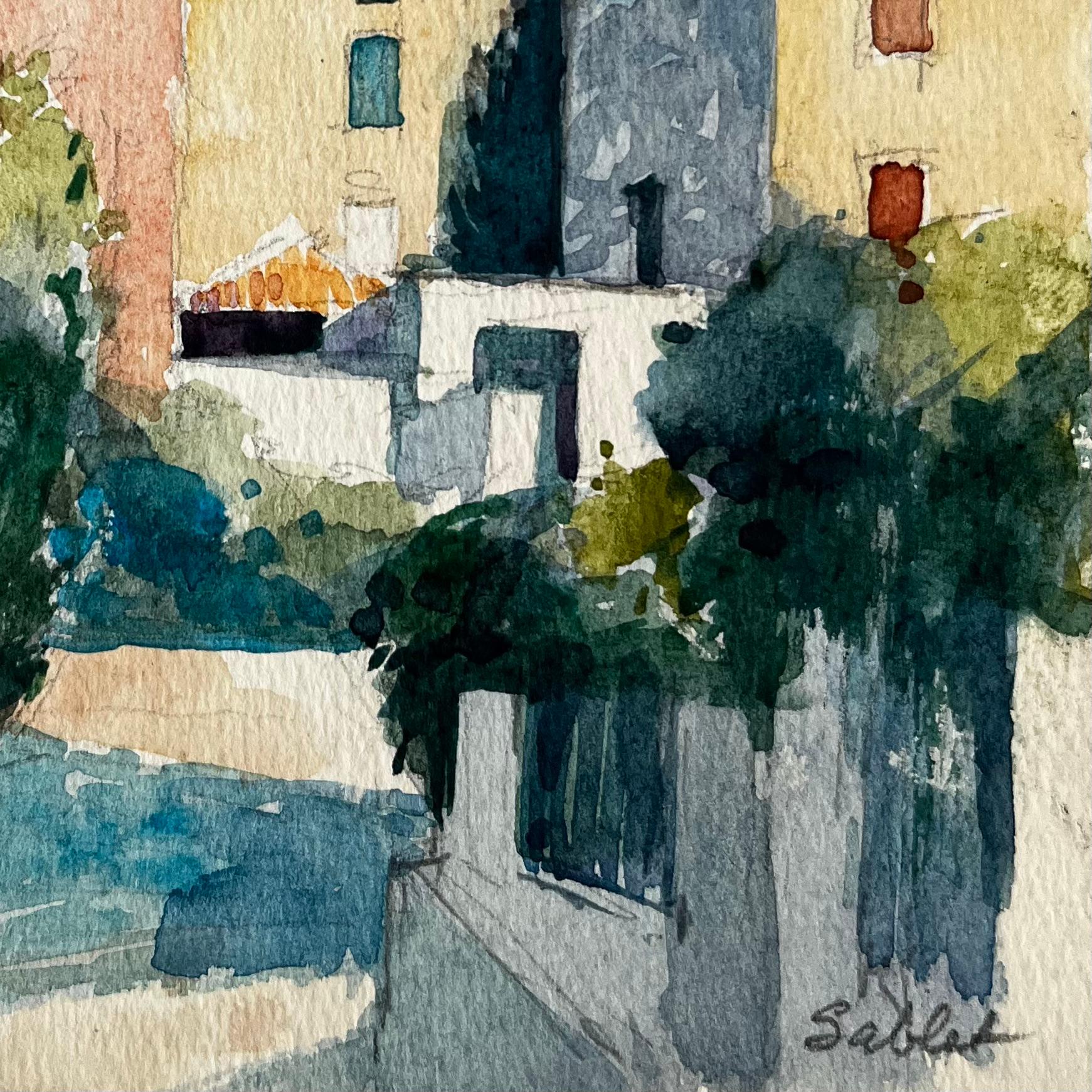 Titolo: Chiesa del villaggio di Sablet e case illuminate dal sole Studio di paesaggio francese provenzale
Artista: Pierre Neveu (francese, nato nel 1929)
Medium: Acquerello su carta da artisti, senza cornice
Dimensioni (H. x L): 6,5 x 5,75