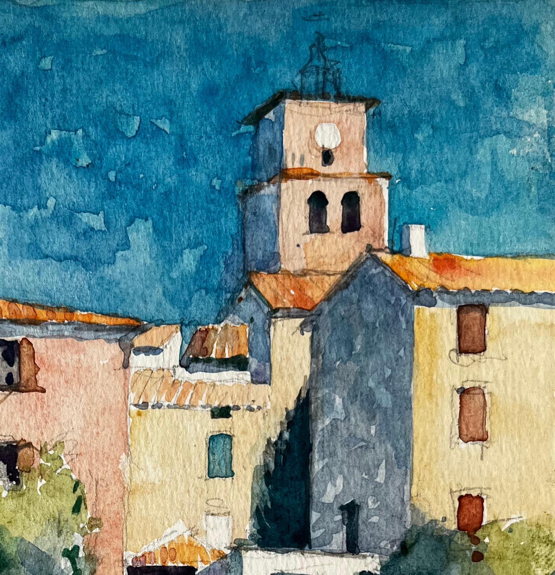 Chiesa del villaggio di Sablet e case illuminate dal sole Studio di paesaggio francese provenzale - Painting Postimpressionismo di Pierre Neveu