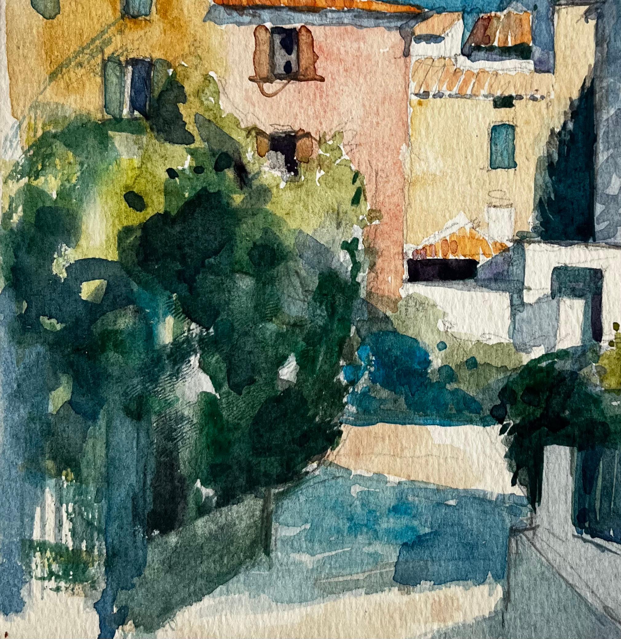 Chiesa del villaggio di Sablet e case illuminate dal sole Studio di paesaggio francese provenzale in vendita 1