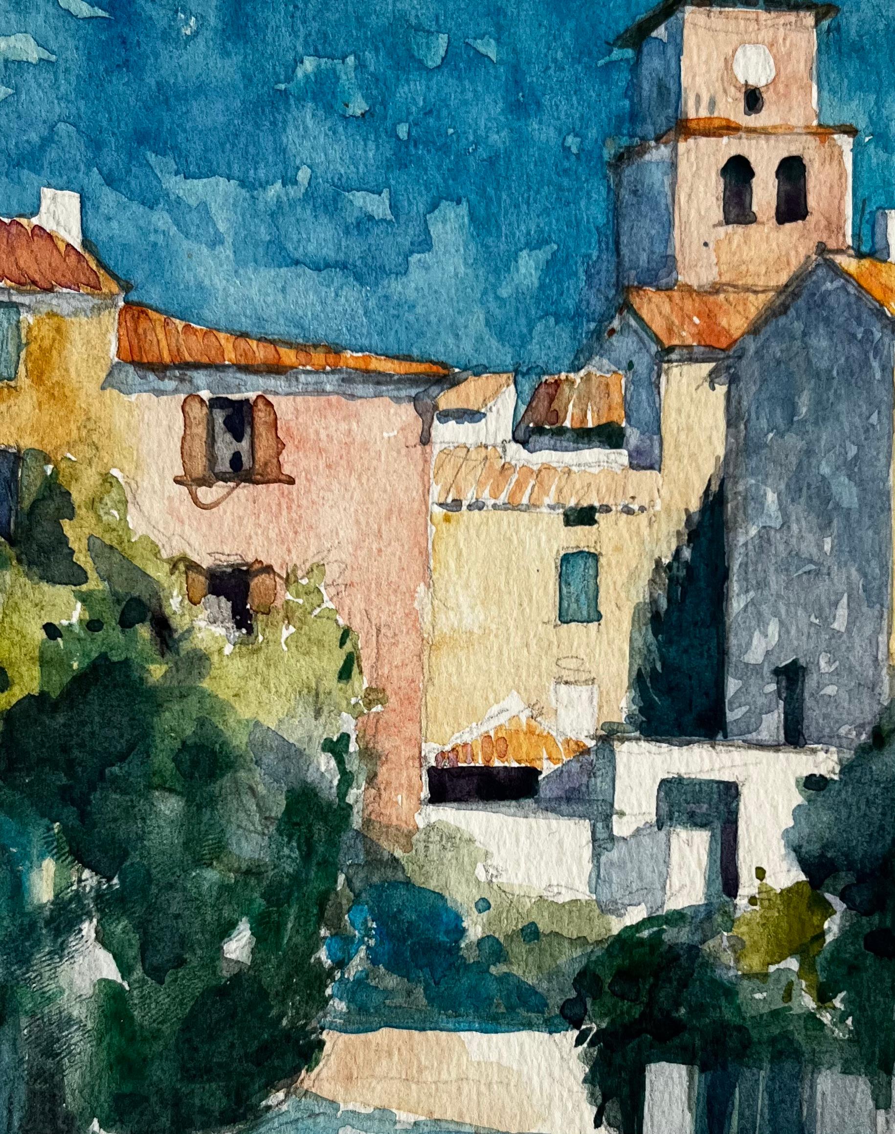 Chiesa del villaggio di Sablet e case illuminate dal sole Studio di paesaggio francese provenzale in vendita 2