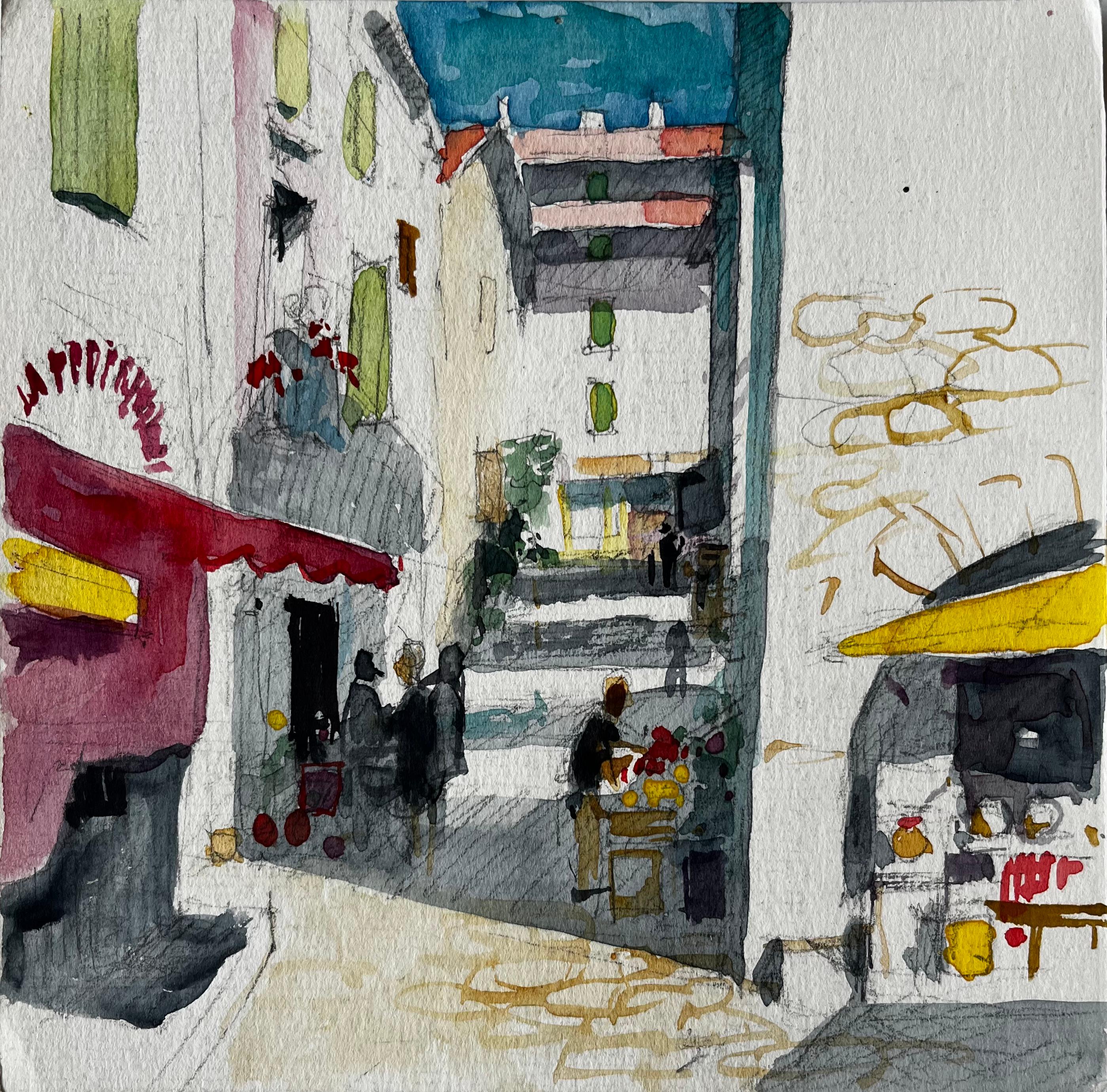 Escena callejera de pueblo francés con café y puesto de mercado Estudio provenzal