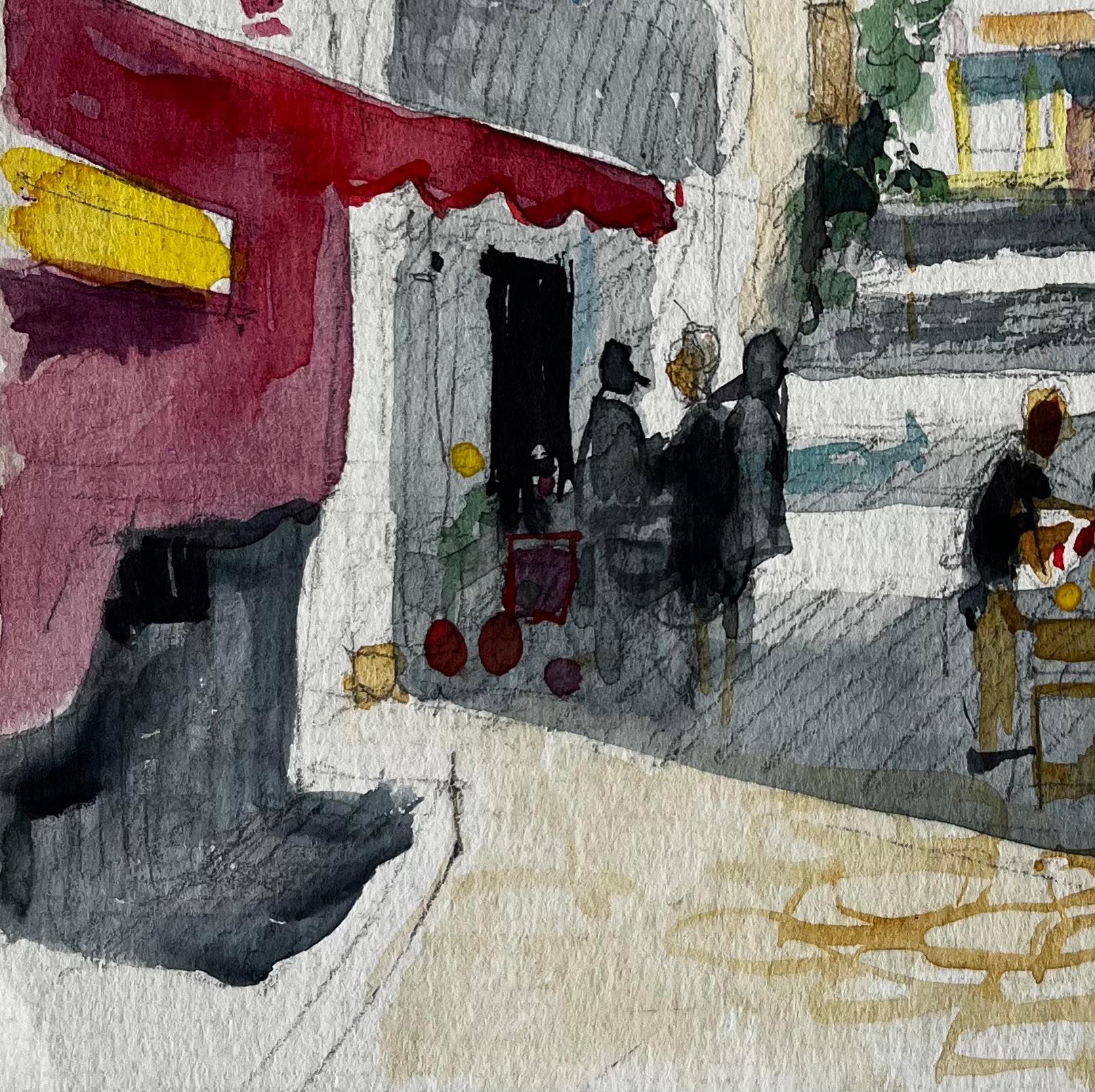 Scène de rue d'un village français avec café et étal de marché Étude provençale - Gris Landscape Art par Pierre Neveu