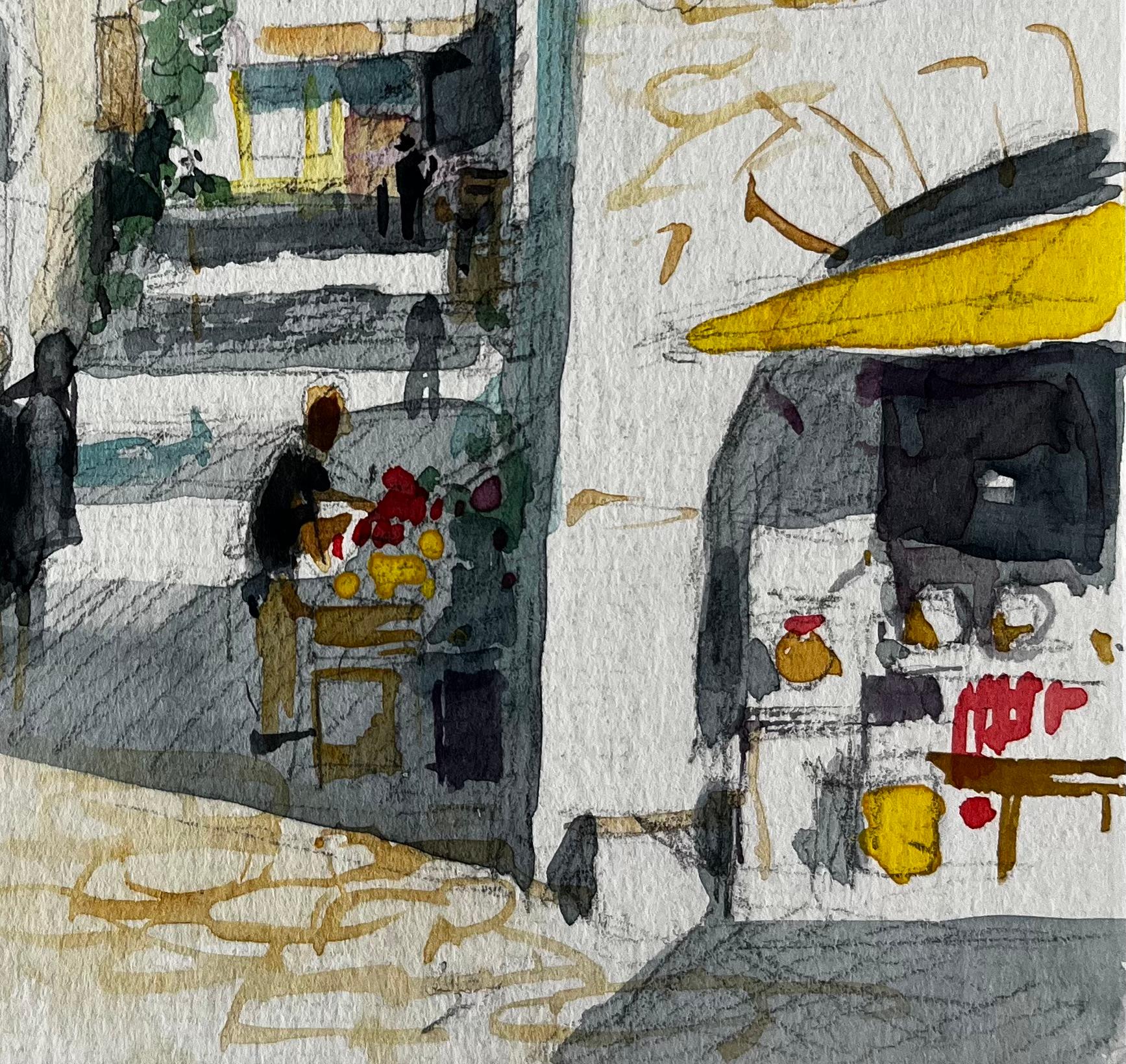 Scène de rue d'un village français avec café et étal de marché Étude provençale - Post-impressionnisme Art par Pierre Neveu
