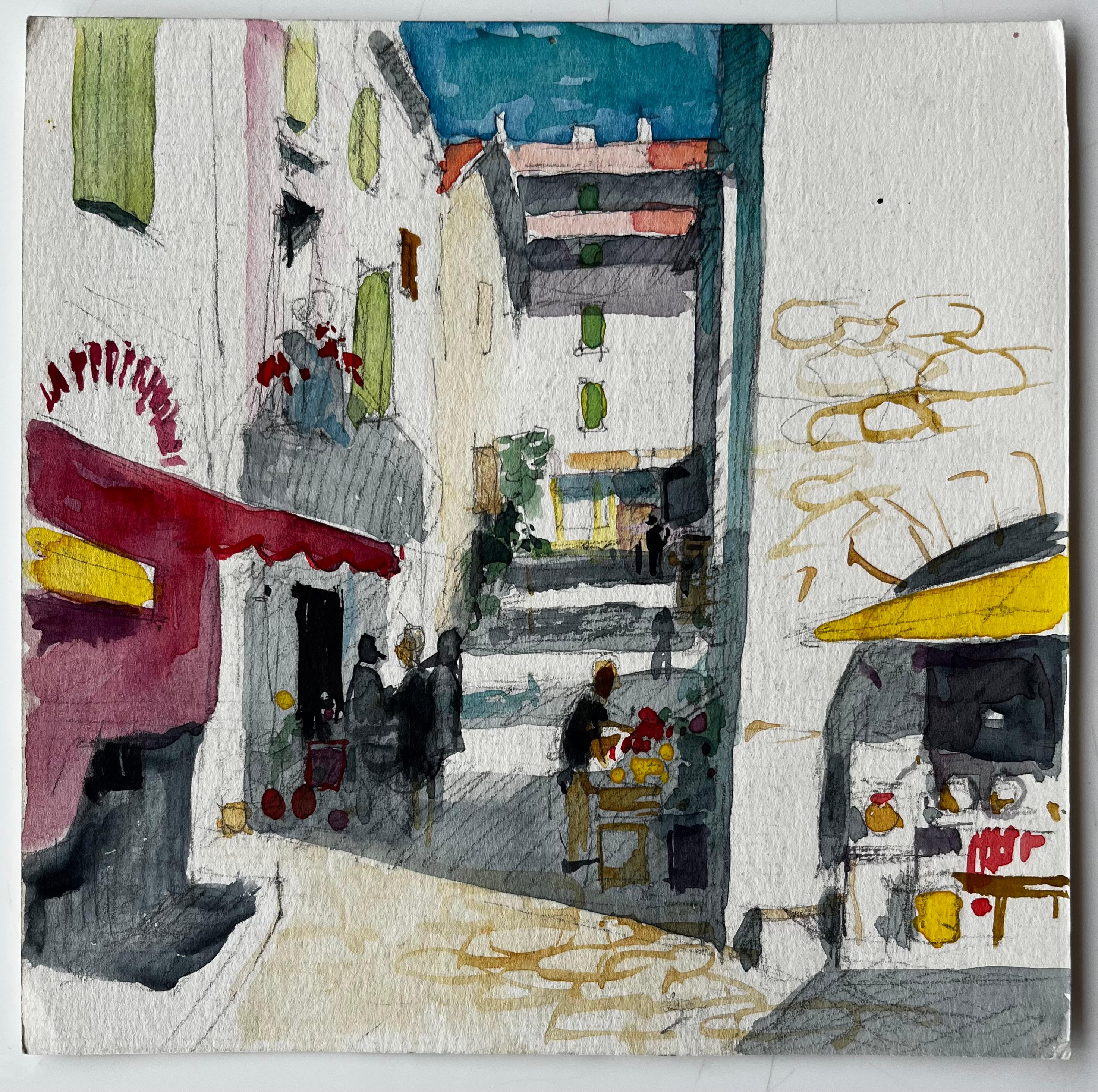 Scène de rue d'un village français avec café et étal de marché Étude provençale - Art de Pierre Neveu
