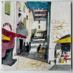French Village Street Scene with Café and Market Stall Provençal Study