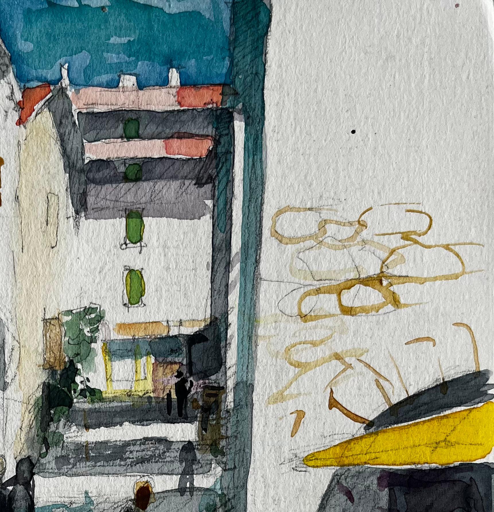 Scène de rue d'un village français avec café et étal de marché Étude provençale en vente 1