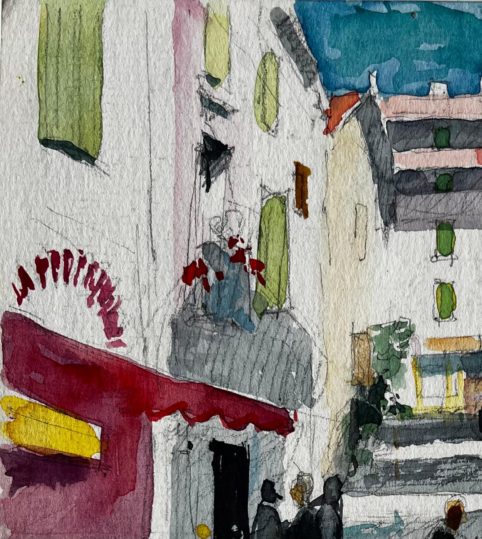 Titre : Scène de rue d'un village français avec café et étal de marché Étude provençale
Artistics : Pierre Neveu (français né en 1929)
Moyen d'expression : Aquarelle sur papier d'artiste, non encadrée
Taille (H x L) : 6.25 x 6.25 pouces
Condit : bon