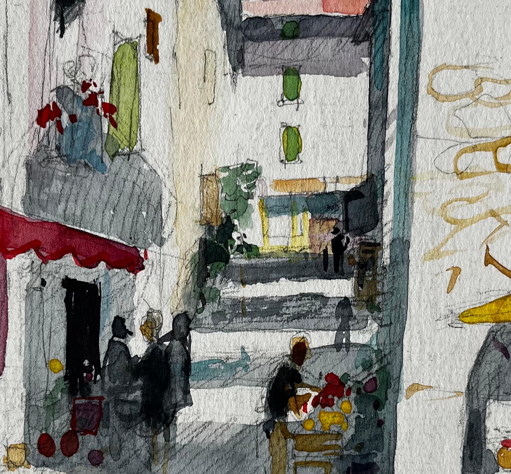 Scène de rue d'un village français avec café et étal de marché Étude provençale en vente 2