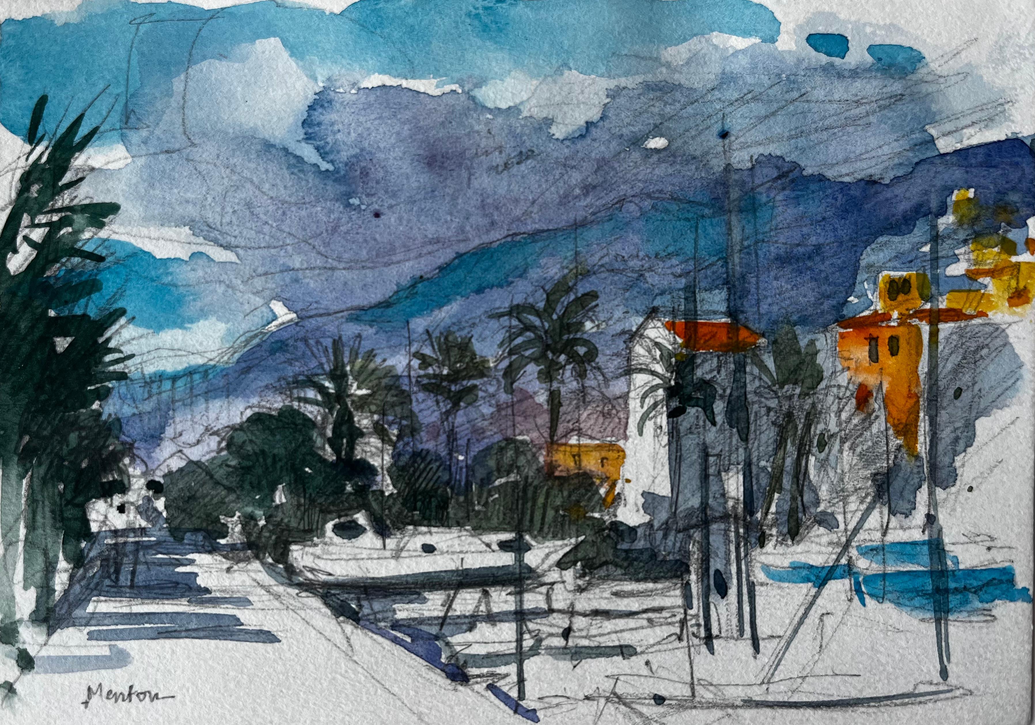 Menton French Riviera Coastal Street Scene with Palm Trees and Hills