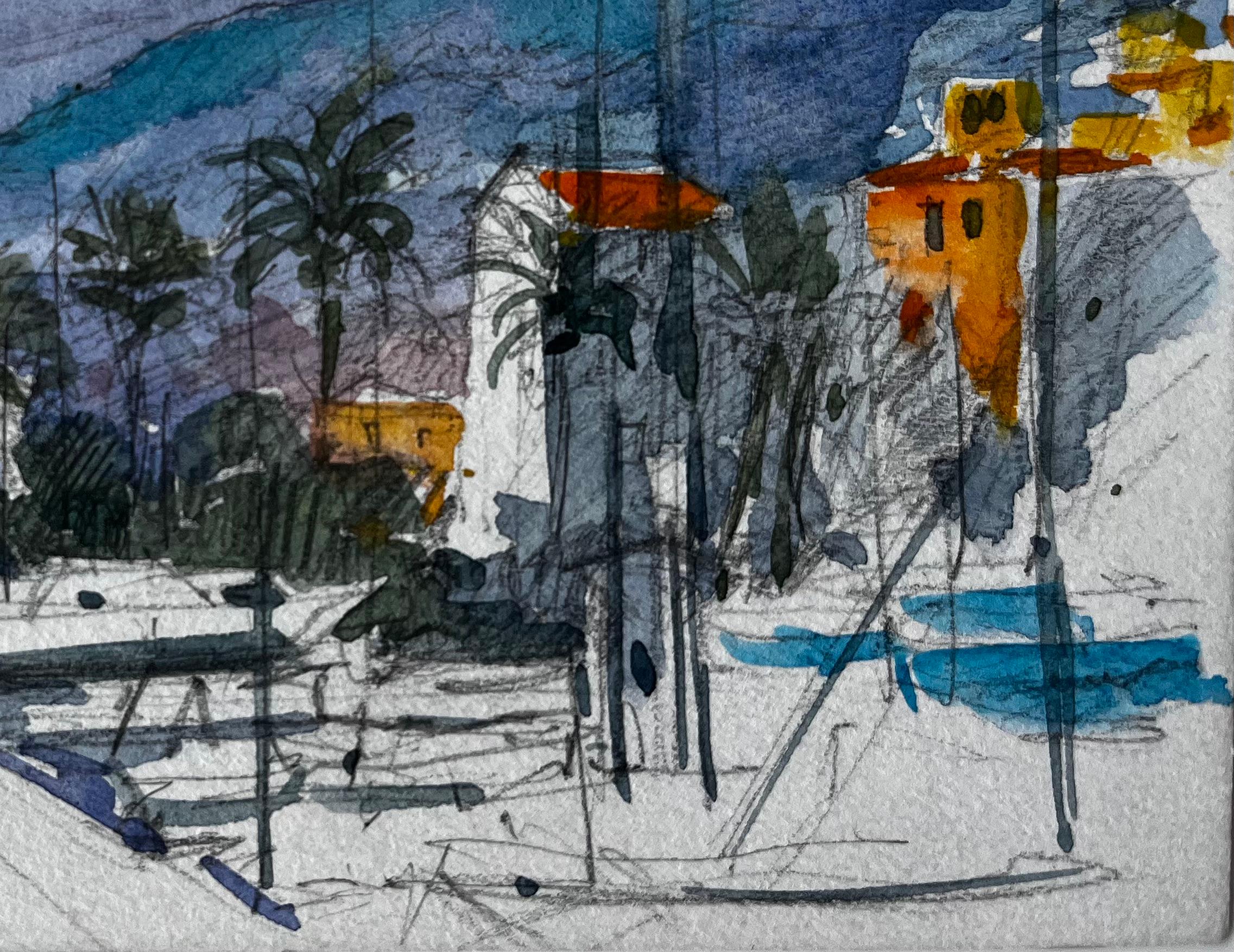 Menton French Riviera Coastal Street Scene with Palm Trees and Hills - Post-Impressionist Painting by Pierre Neveu