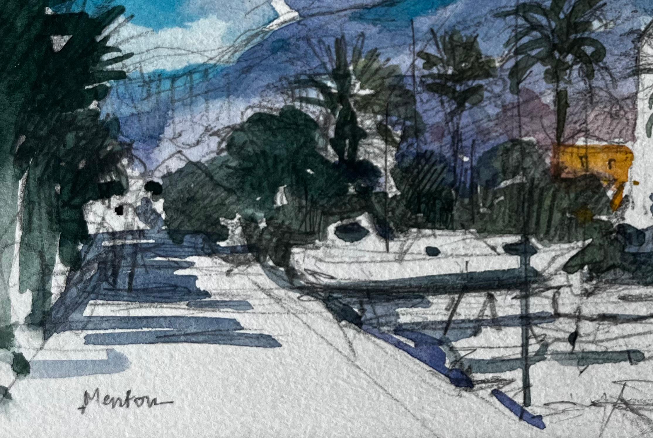 Title: Menton French Riviera Coastal Street Scene with Palm Trees and Hills
Artist: Pierre Neveu (French b.1929)
Medium: Watercolour on artists paper, unframed
Size (H x W): 4.25 x 6 inches
Signed: Titled lower left “Menton”
Condition: good overall