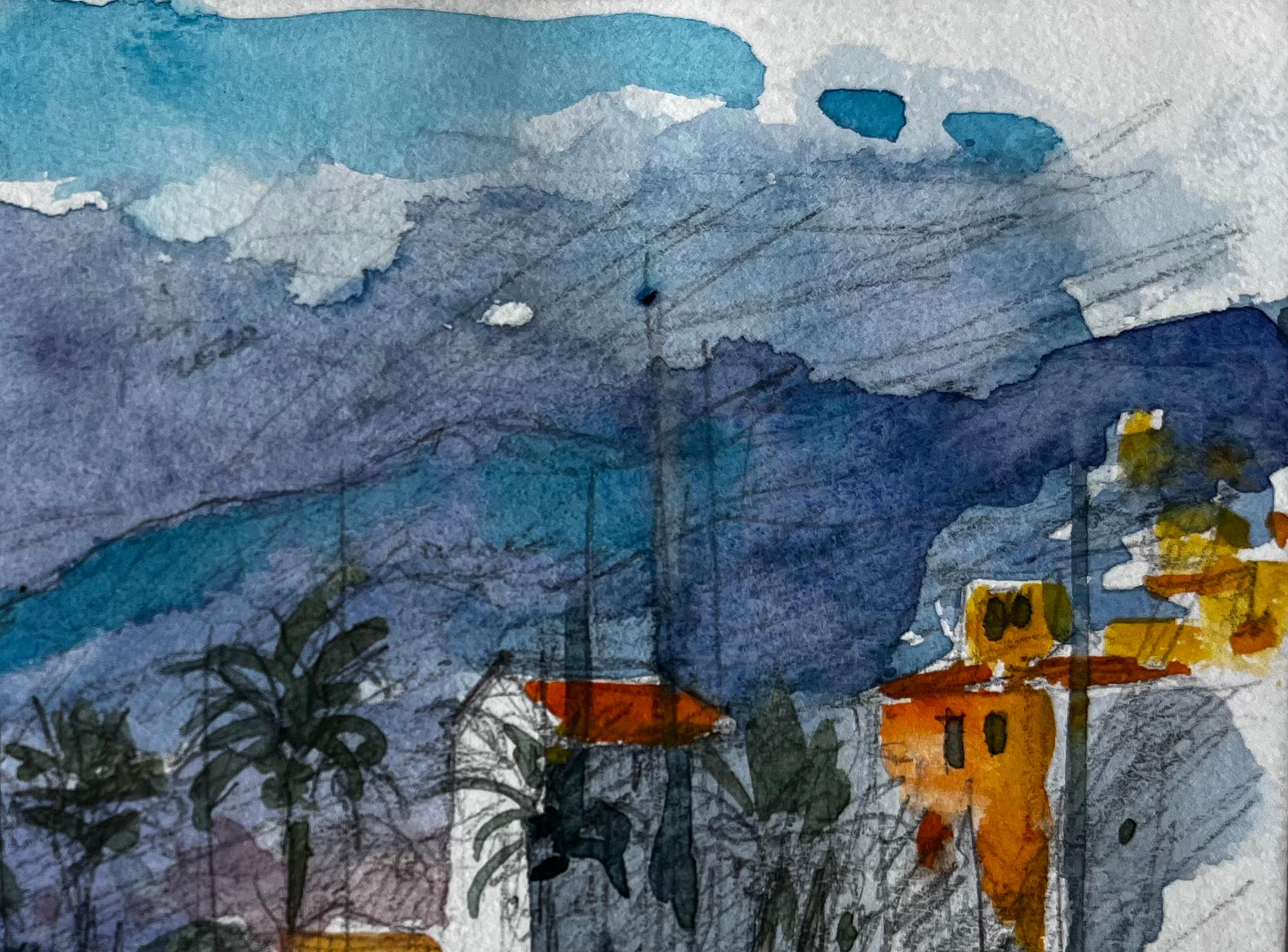 Menton French Riviera Coastal Street Scene with Palm Trees and Hills - Gray Figurative Painting by Pierre Neveu