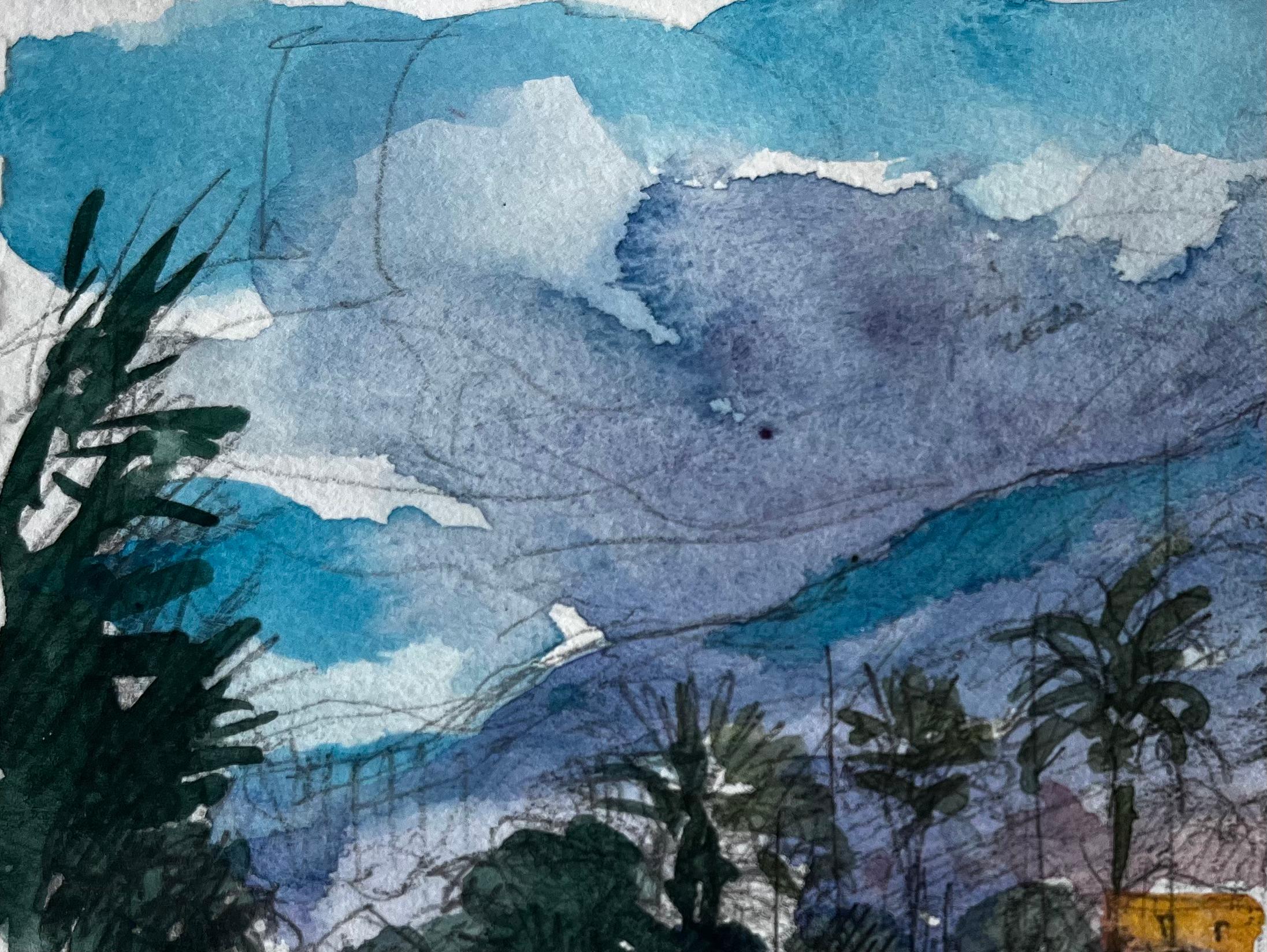 Menton French Riviera Coastal Street Scene with Palm Trees and Hills For Sale 1