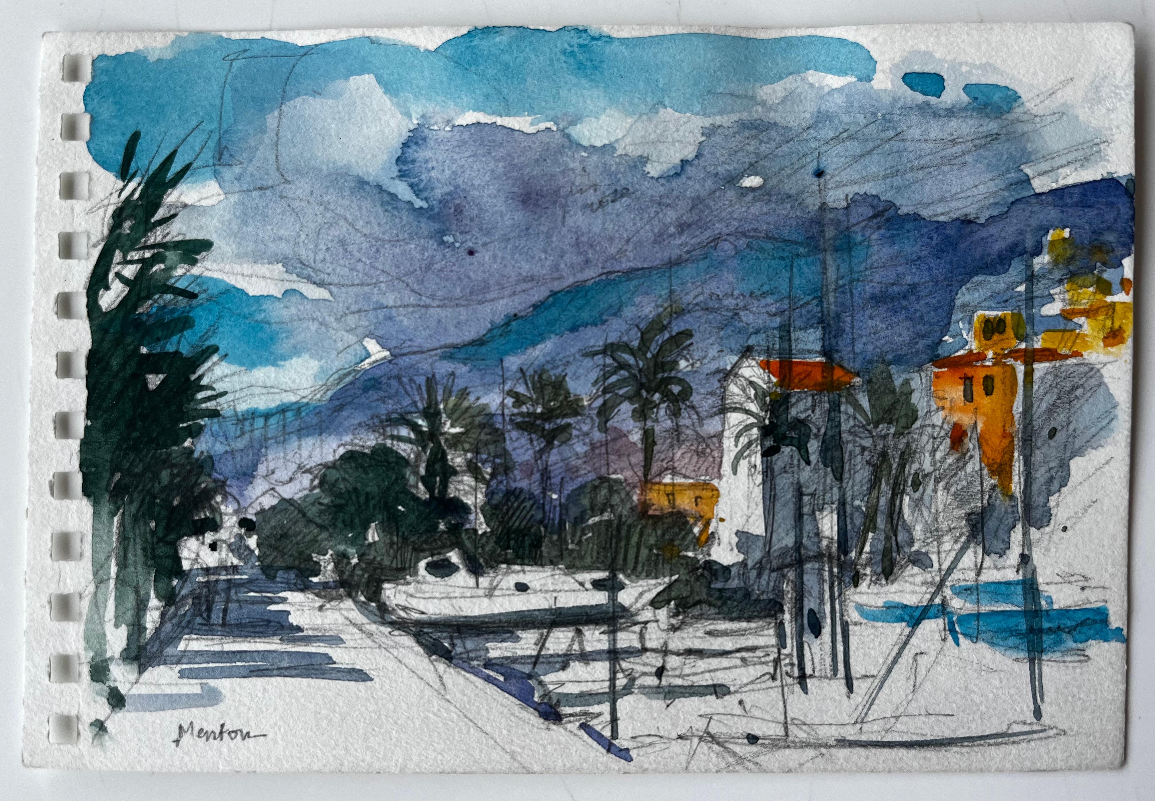 Menton French Riviera Coastal Street Scene with Palm Trees and Hills - Painting by Pierre Neveu