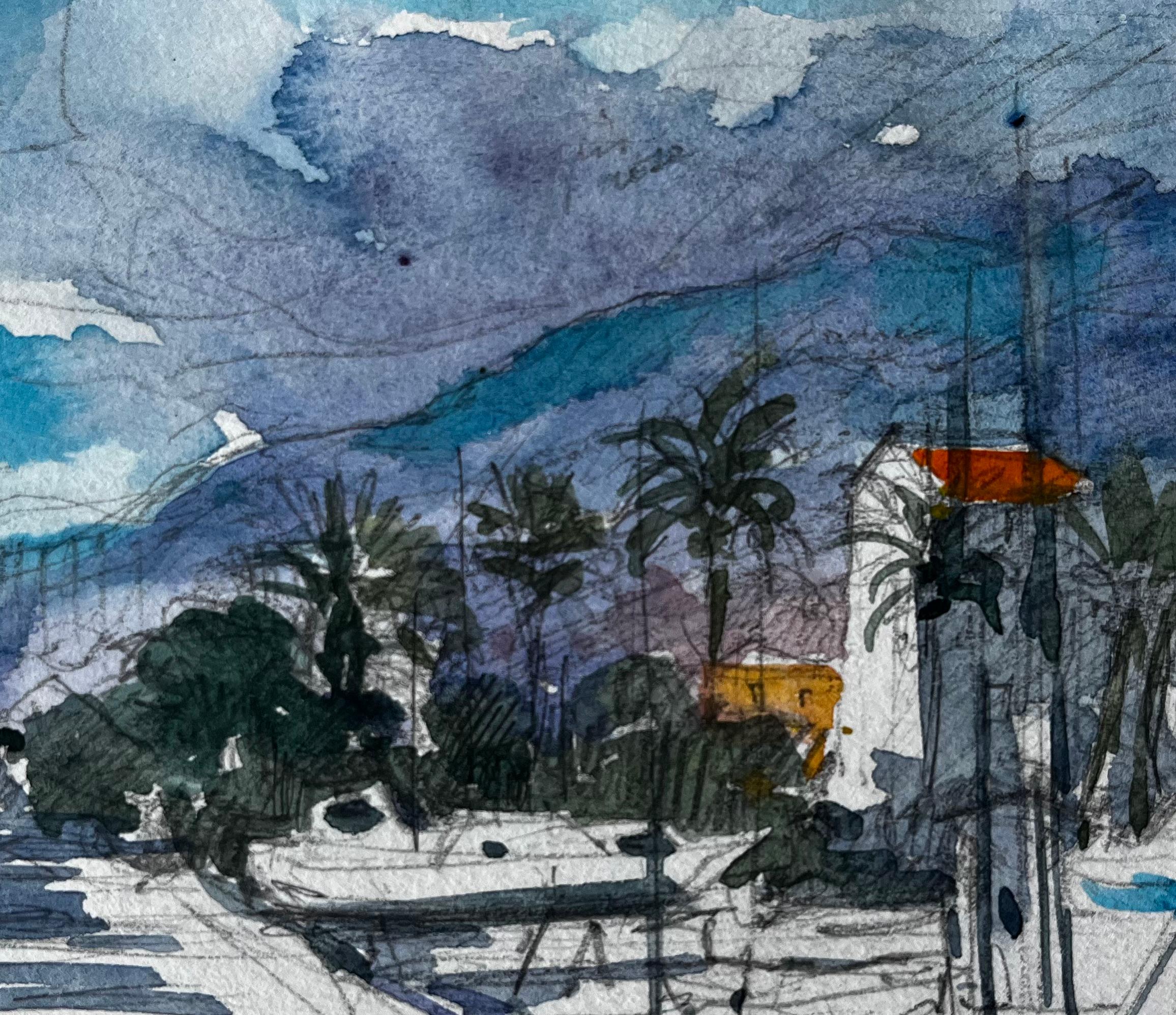 Menton French Riviera Coastal Street Scene with Palm Trees and Hills For Sale 2