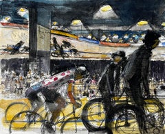 French Indoor Cycling Velodrome Scene with Cyclists and Spectators Modern Study
