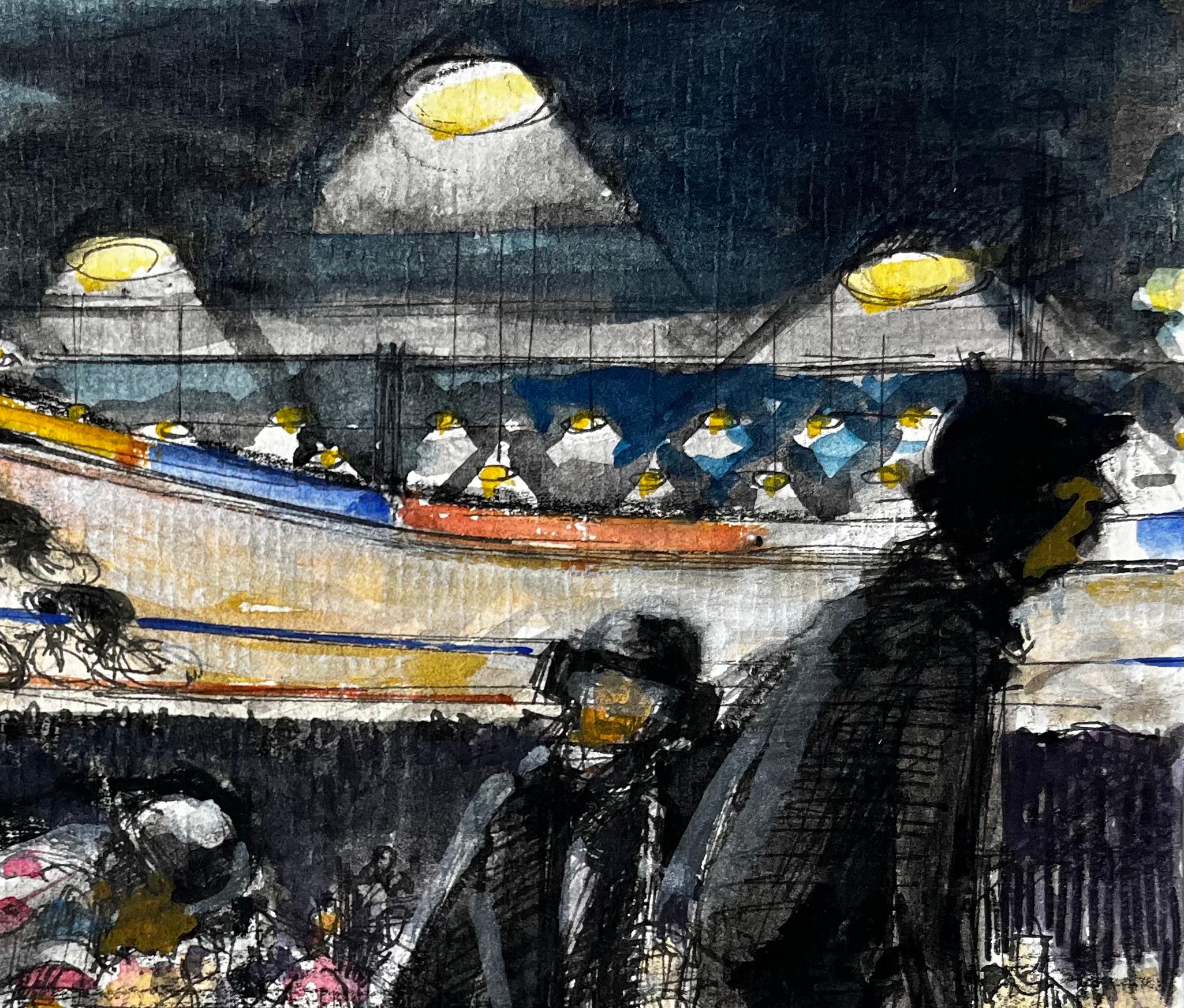 Scena di ciclismo indoor francese con ciclisti e spettatori Studio moderno - Landscape Art Nero di Pierre Neveu