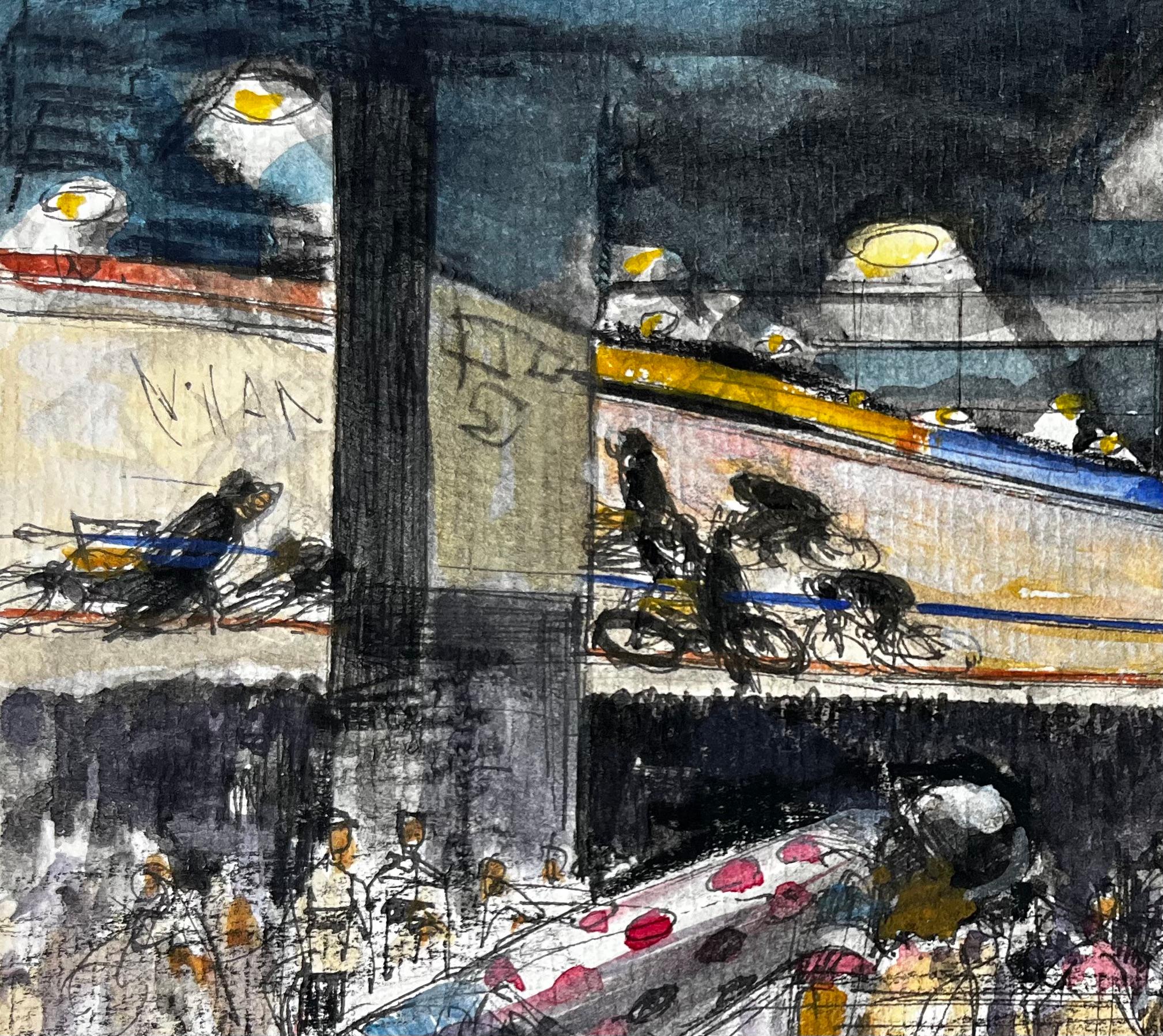 Scena di ciclismo indoor francese con ciclisti e spettatori Studio moderno in vendita 1