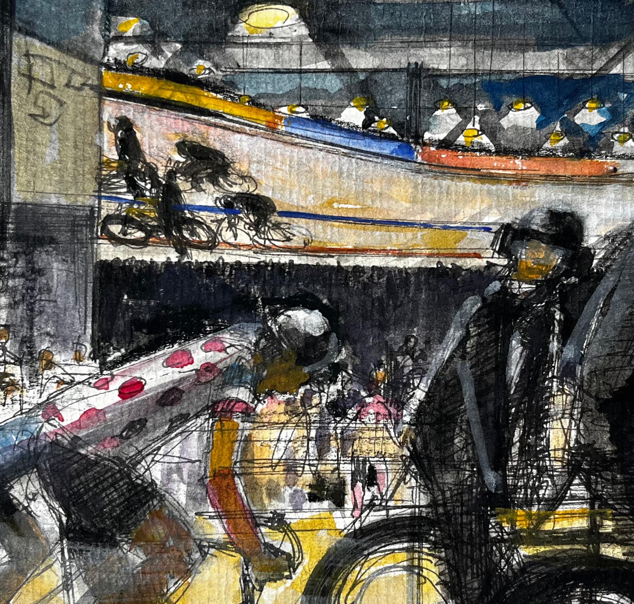 Scena di ciclismo indoor francese con ciclisti e spettatori Studio moderno in vendita 2