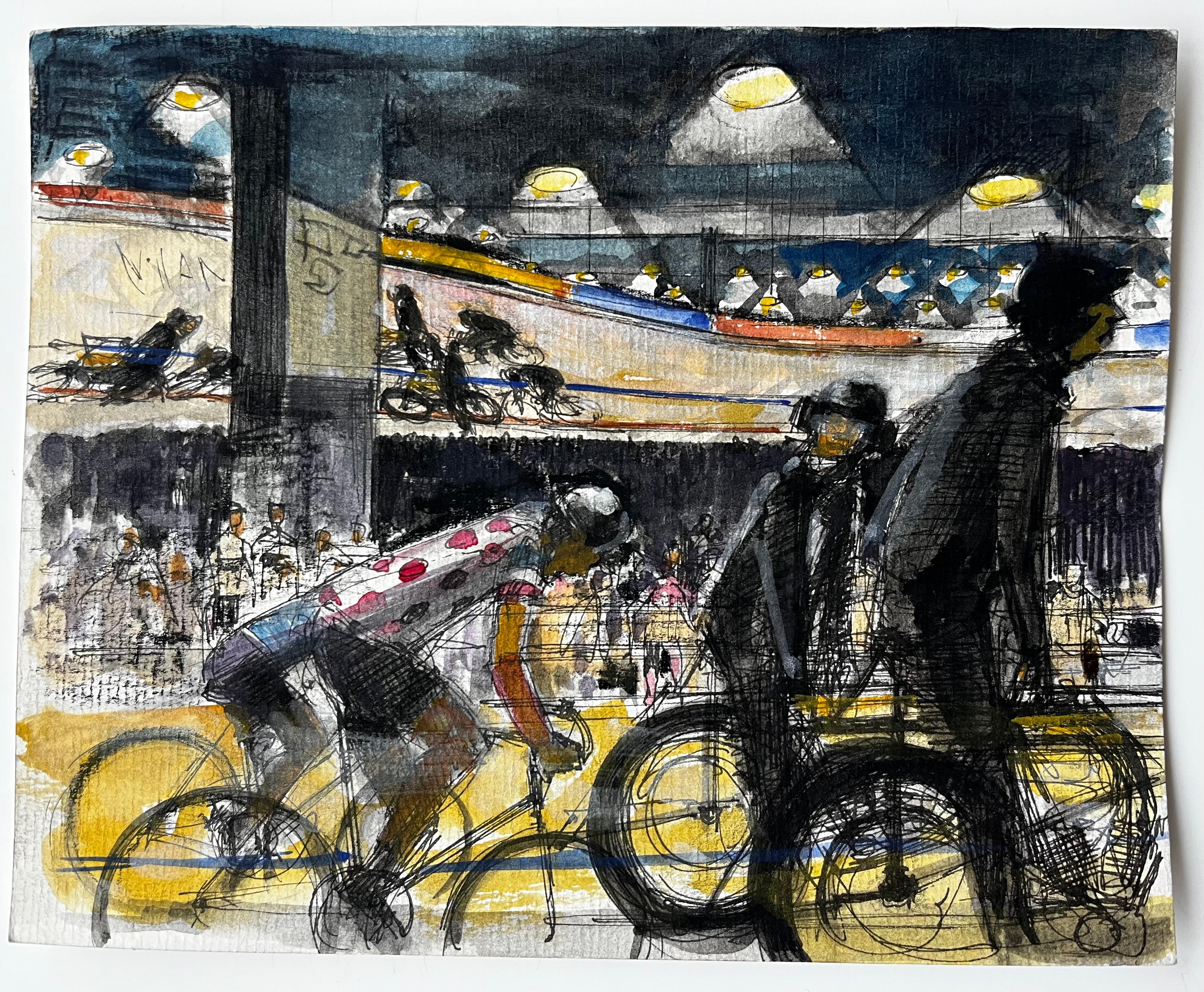 Scena di ciclismo indoor francese con ciclisti e spettatori Studio moderno - Art di Pierre Neveu