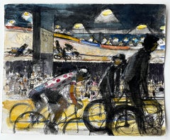 Scena di ciclismo indoor francese con ciclisti e spettatori Studio moderno