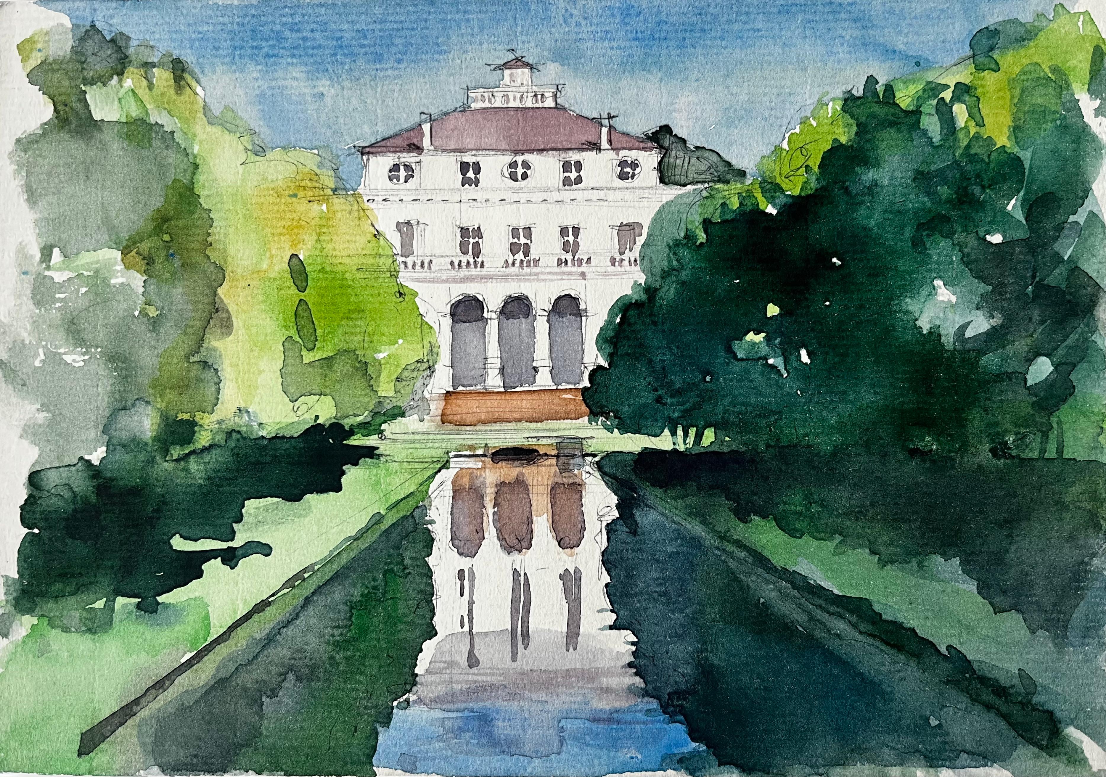 Figurative Painting Pierre Neveu - Abbaye de Royaumont L'abbaye française se reflète dans la piscine du jardin