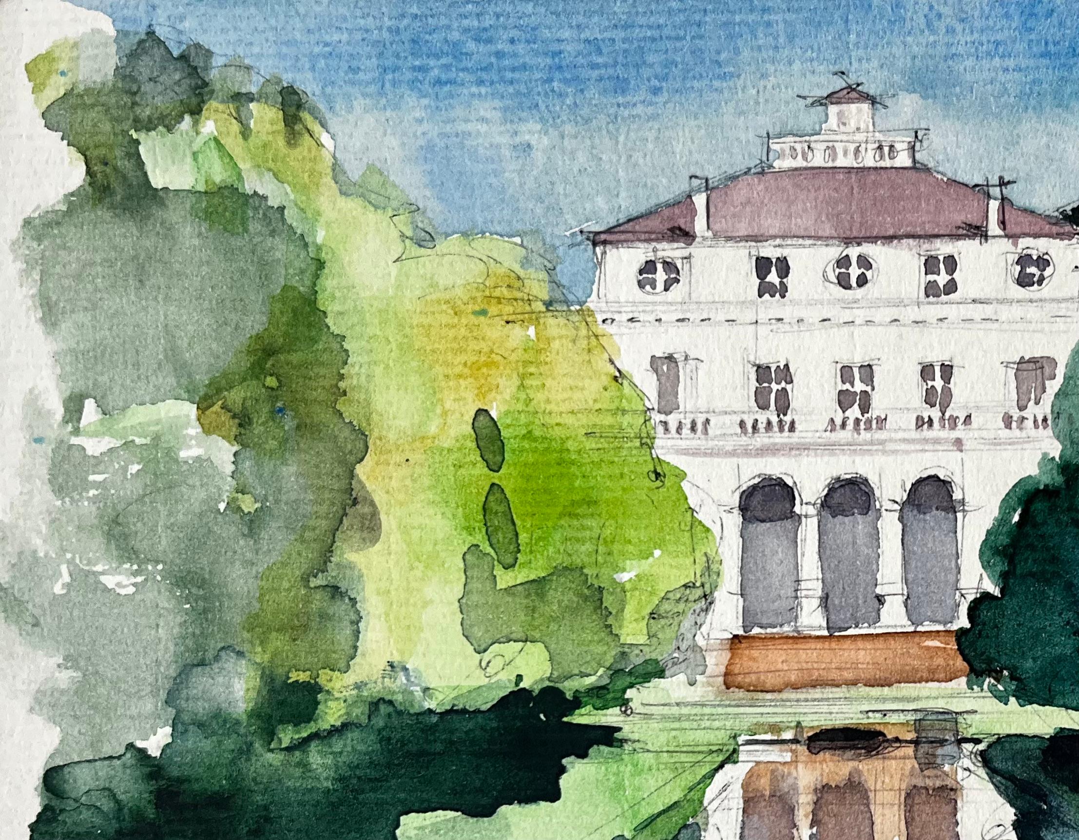 Abbaye de Royaumont L'abbaye française se reflète dans la piscine du jardin - Post-impressionnisme Painting par Pierre Neveu