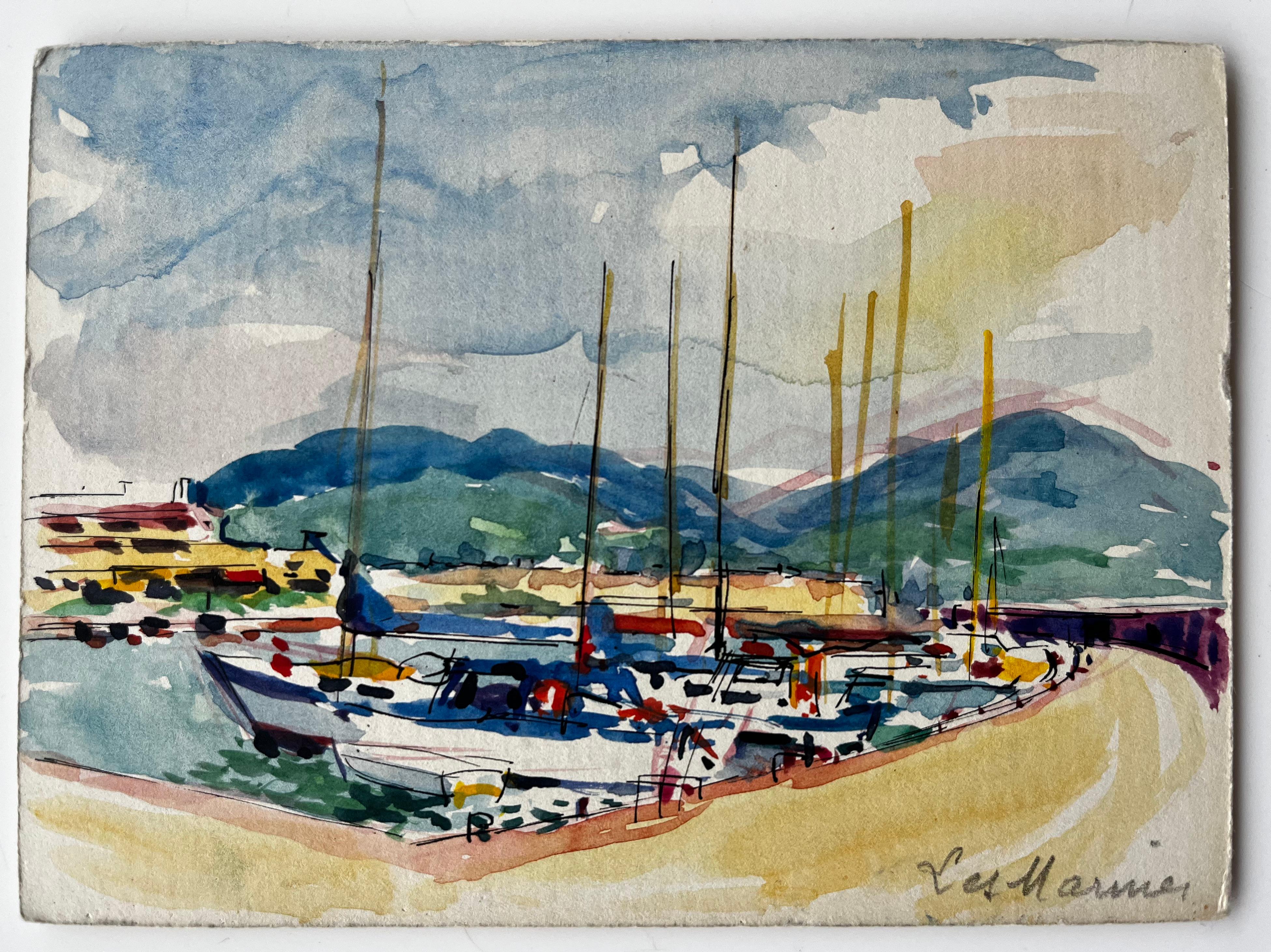 Les Marines Port de la Côte d'Azur avec voiliers et montagnes lointaines - Painting de Pierre Neveu