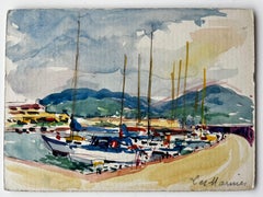 Les Marines French Riviera Harbour with Sailboats and Distant Mountains