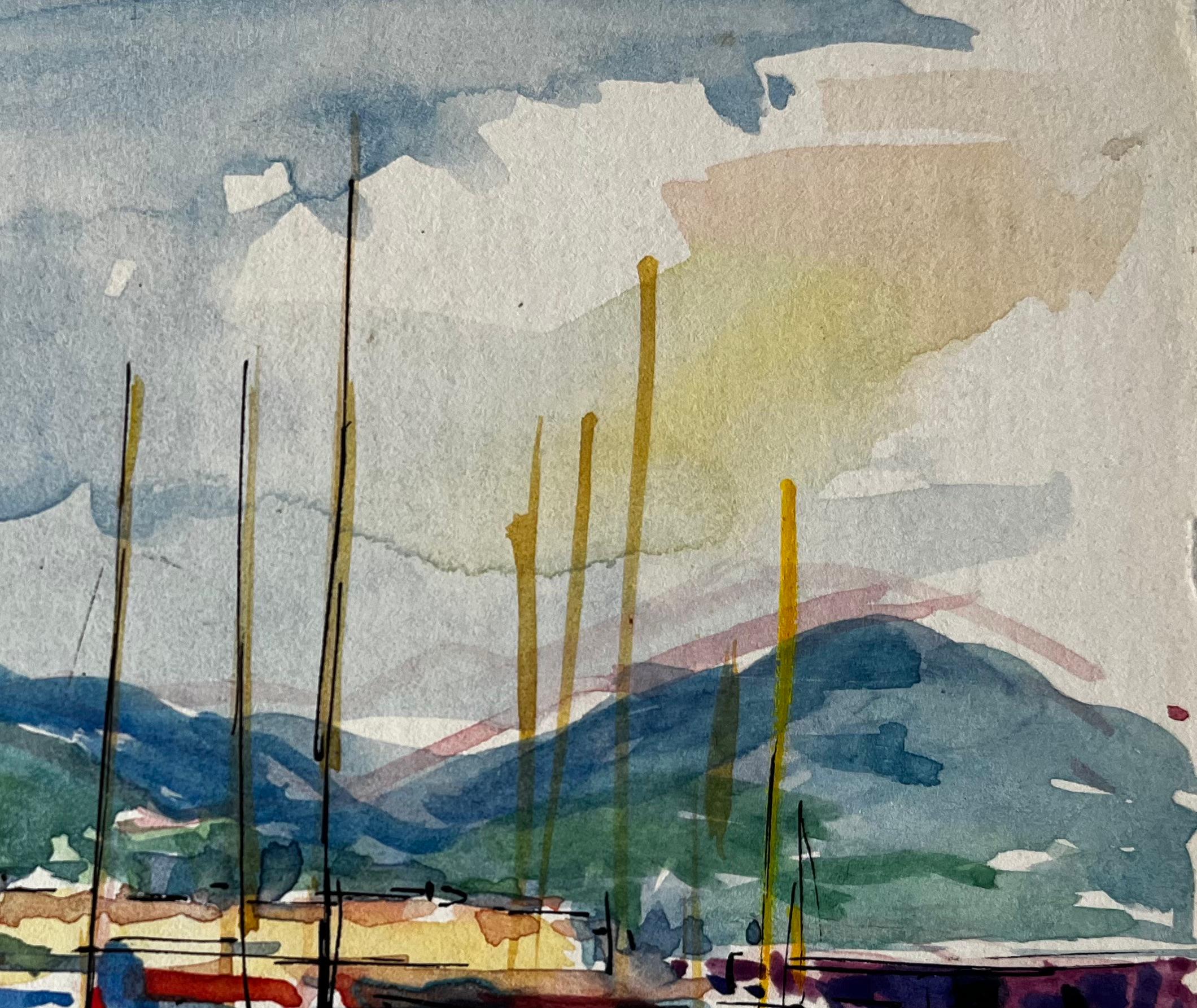 Titre : Les Marines Port de la Côte d'Azur avec voiliers et montagnes lointaines
Artistics : Pierre Neveu (français né en 1929)
Support : Aquarelle sur carte, non encadrée
Taille (H x L) : 4.25 x 5.75 pouces
Signé : En bas à droite, titré 