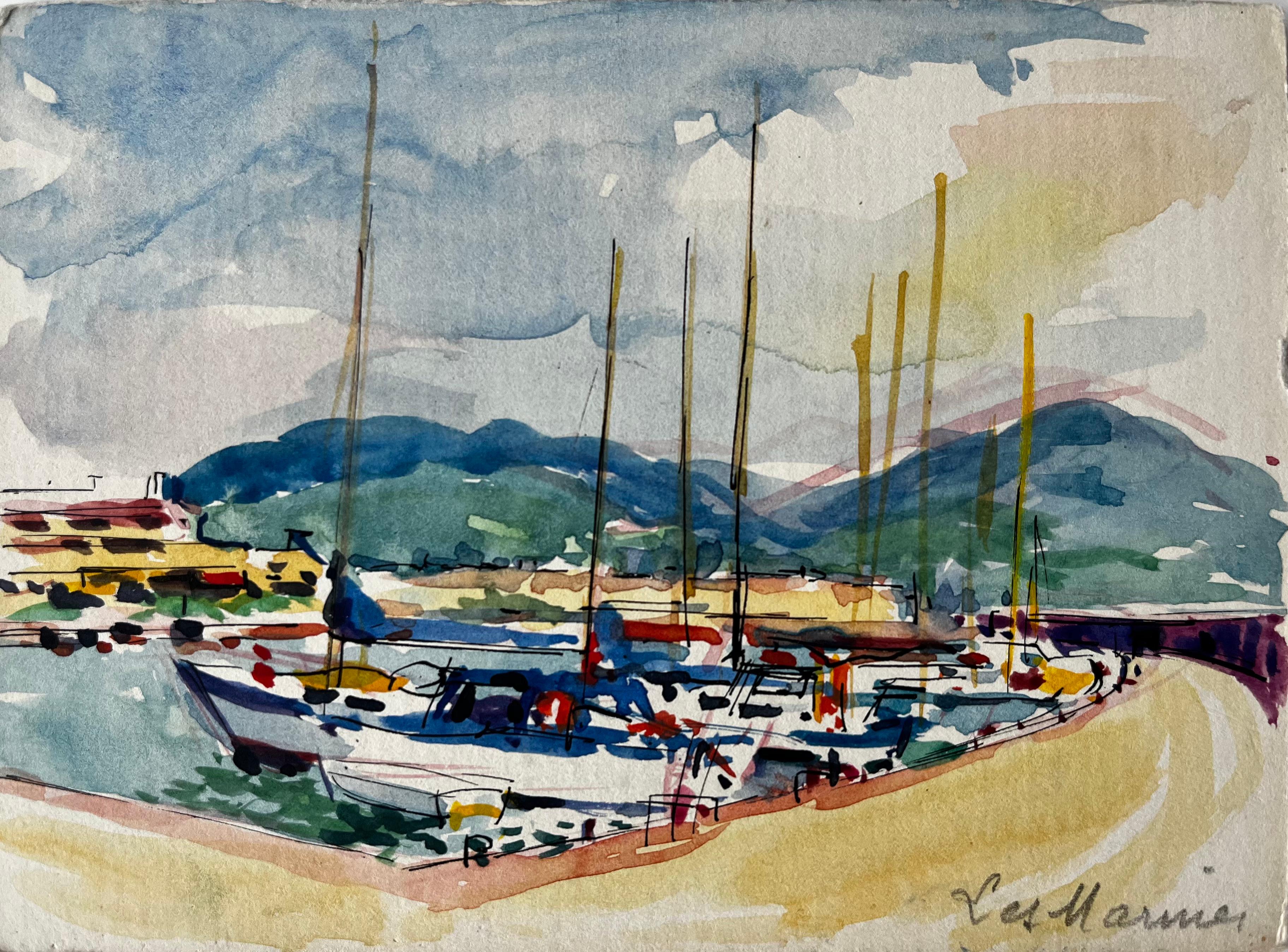 Les Marines Port de la Côte d'Azur avec voiliers et montagnes lointaines - Post-impressionnisme Painting par Pierre Neveu