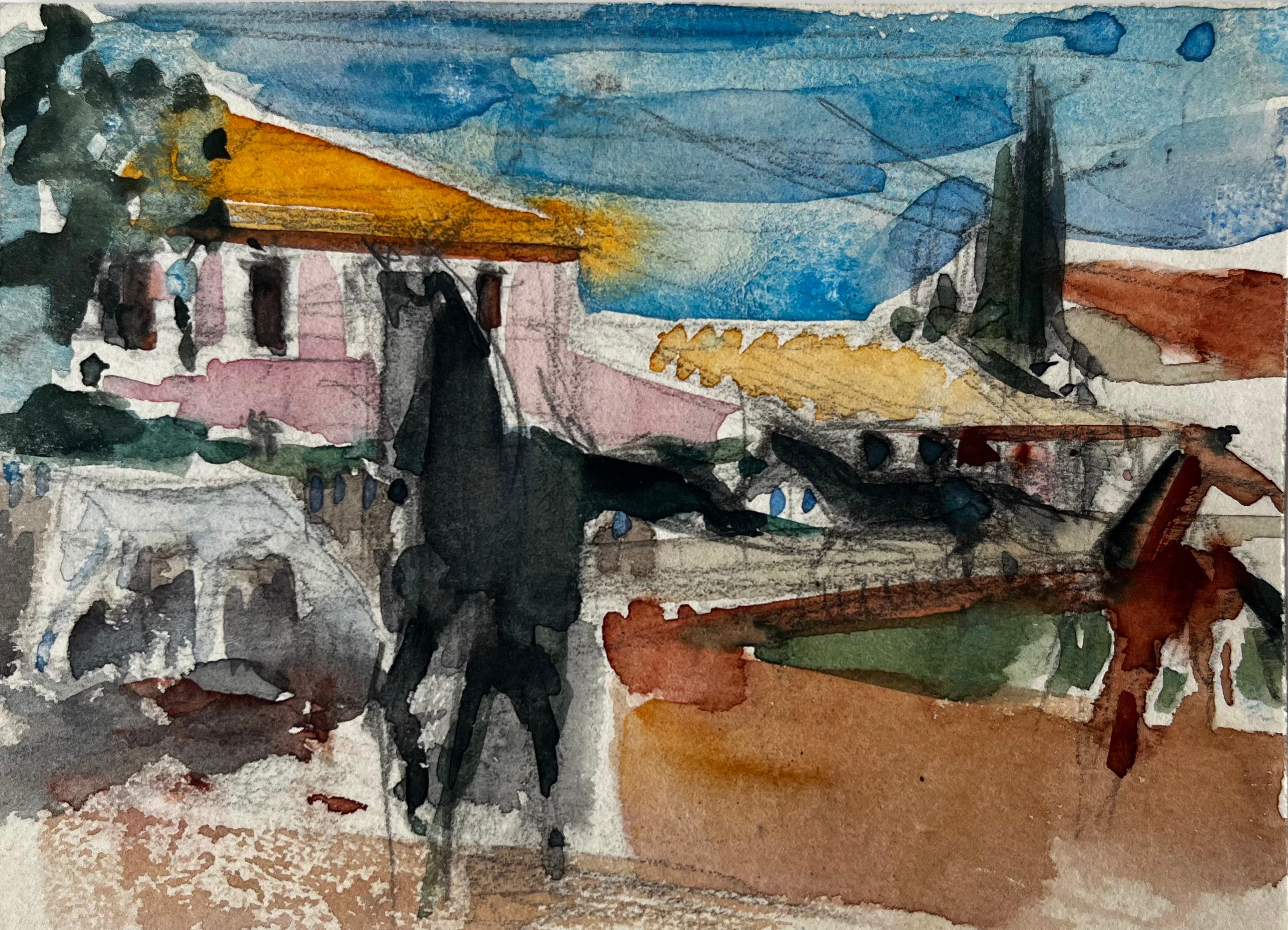 Figurative Painting Pierre Neveu - Ferme provençale avec cheval et cyprès Paysage de campagne française