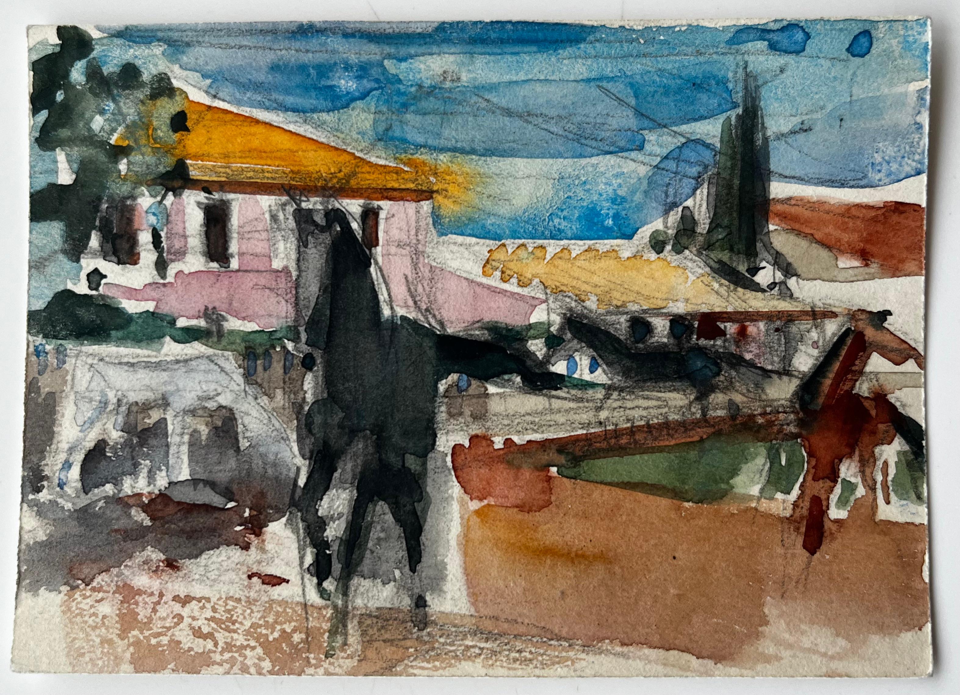 Ferme provençale avec cheval et cyprès Paysage de campagne française - Painting de Pierre Neveu