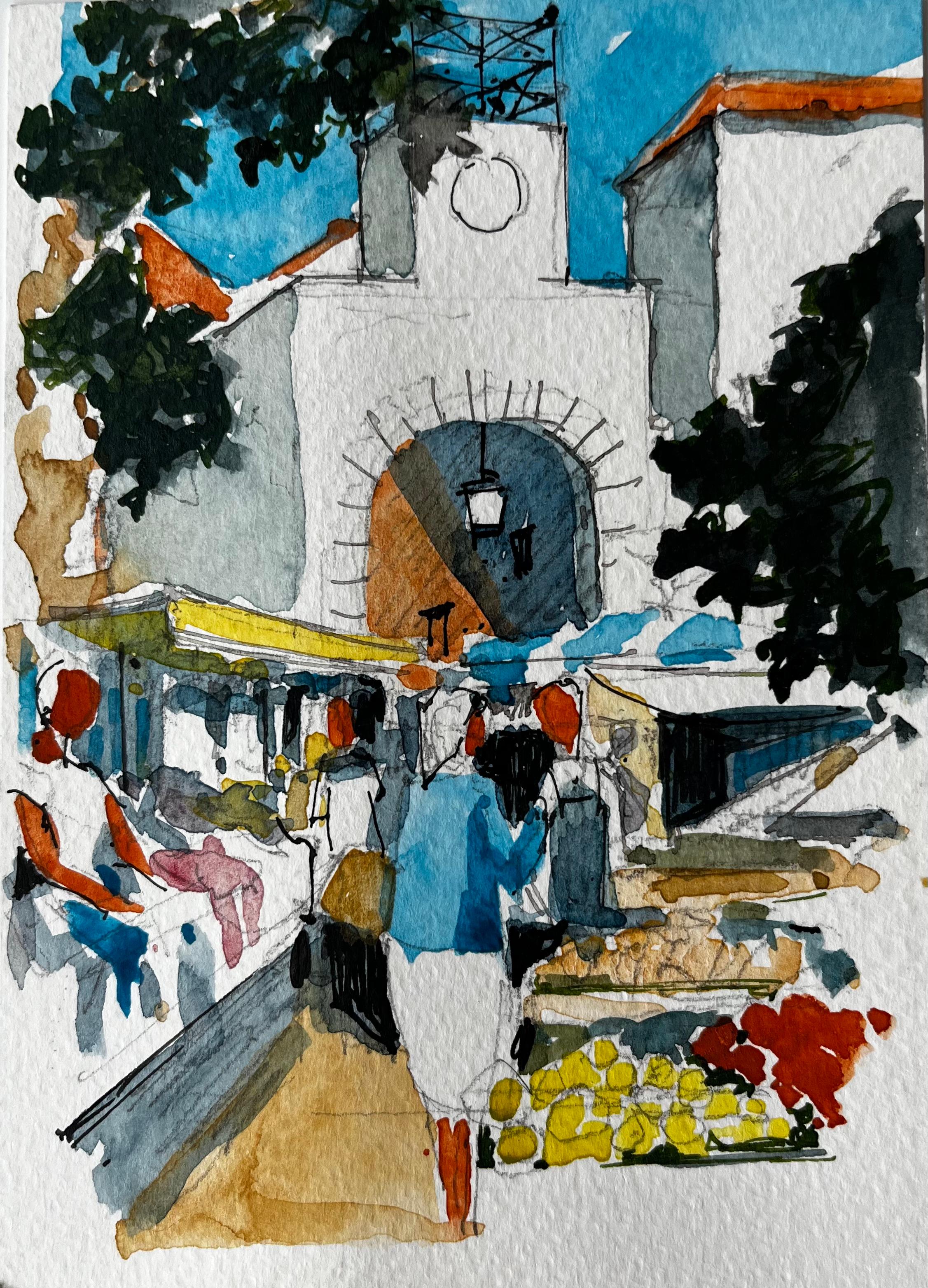 Mediterranean Market Scene with Clock Tower and Shaded Stalls in Southern France