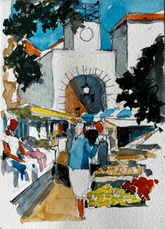 Mediterranean Market Scene with Clock Tower and Shaded Stalls in Southern France