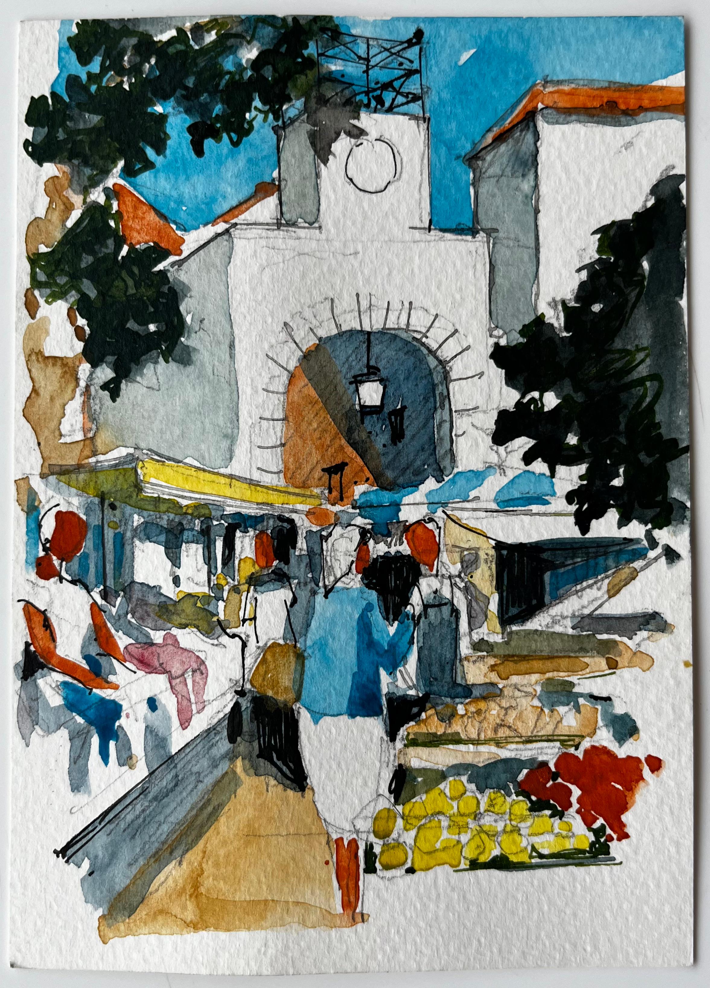 Scène de marché méditerranéen avec tour d'horloge et étals ombragés dans le Southern France - Painting de Pierre Neveu