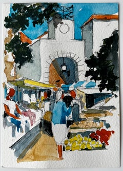 Mediterranean Market Scene with Clock Tower and Shaded Stalls in Southern France