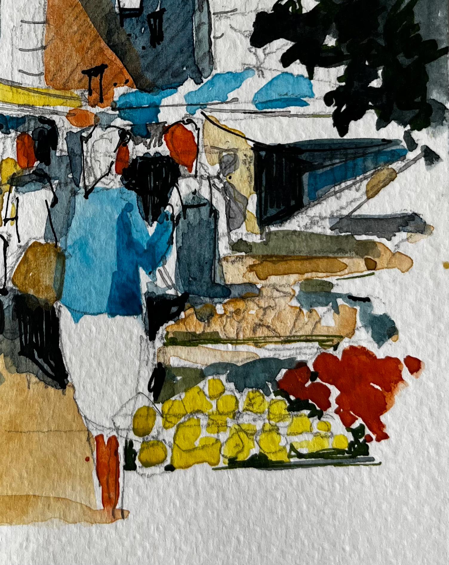 Scène de marché méditerranéen avec tour d'horloge et étals ombragés dans le Southern France - Post-impressionnisme Painting par Pierre Neveu