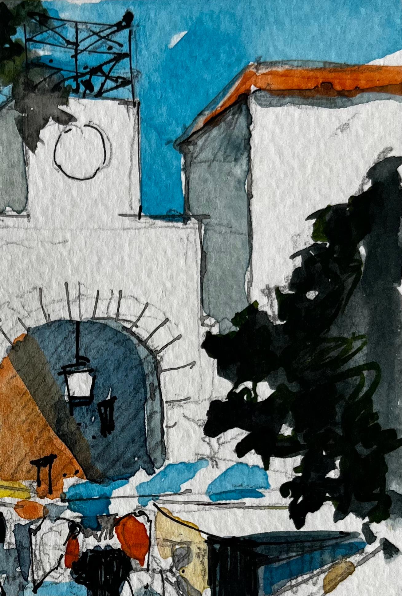 Titre : Scène de marché méditerranéen avec tour d'horloge et étals ombragés dans le sud de la France
Artistics : Pierre Neveu (français né en 1929)
Moyen d'expression : Aquarelle sur papier, non encadrée
Taille (H x L) : 5.75 x 4.25 pouces
État :