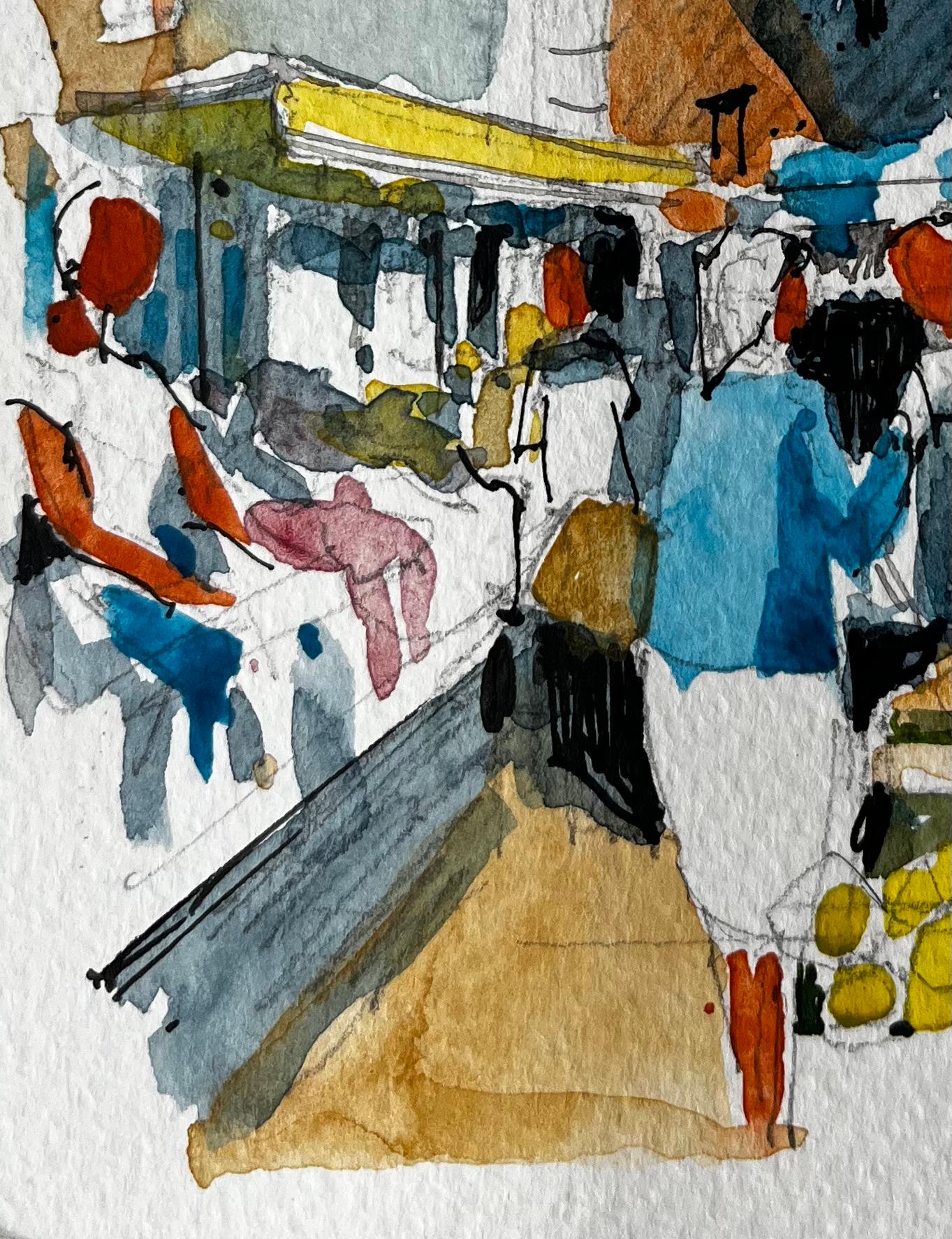 Scène de marché méditerranéen avec tour d'horloge et étals ombragés dans le Southern France - Gris Figurative Painting par Pierre Neveu