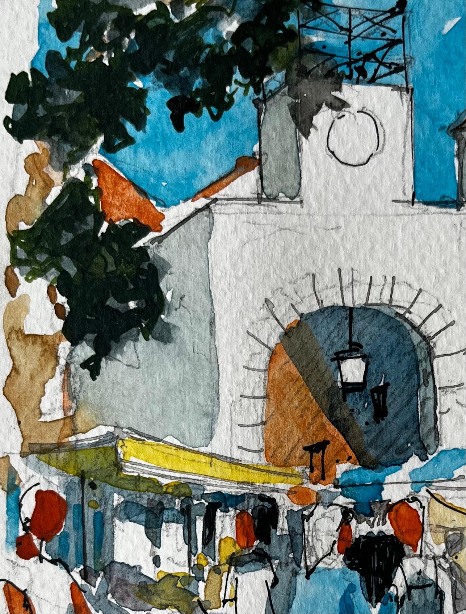 Scène de marché méditerranéen avec tour d'horloge et étals ombragés dans le Southern France en vente 1