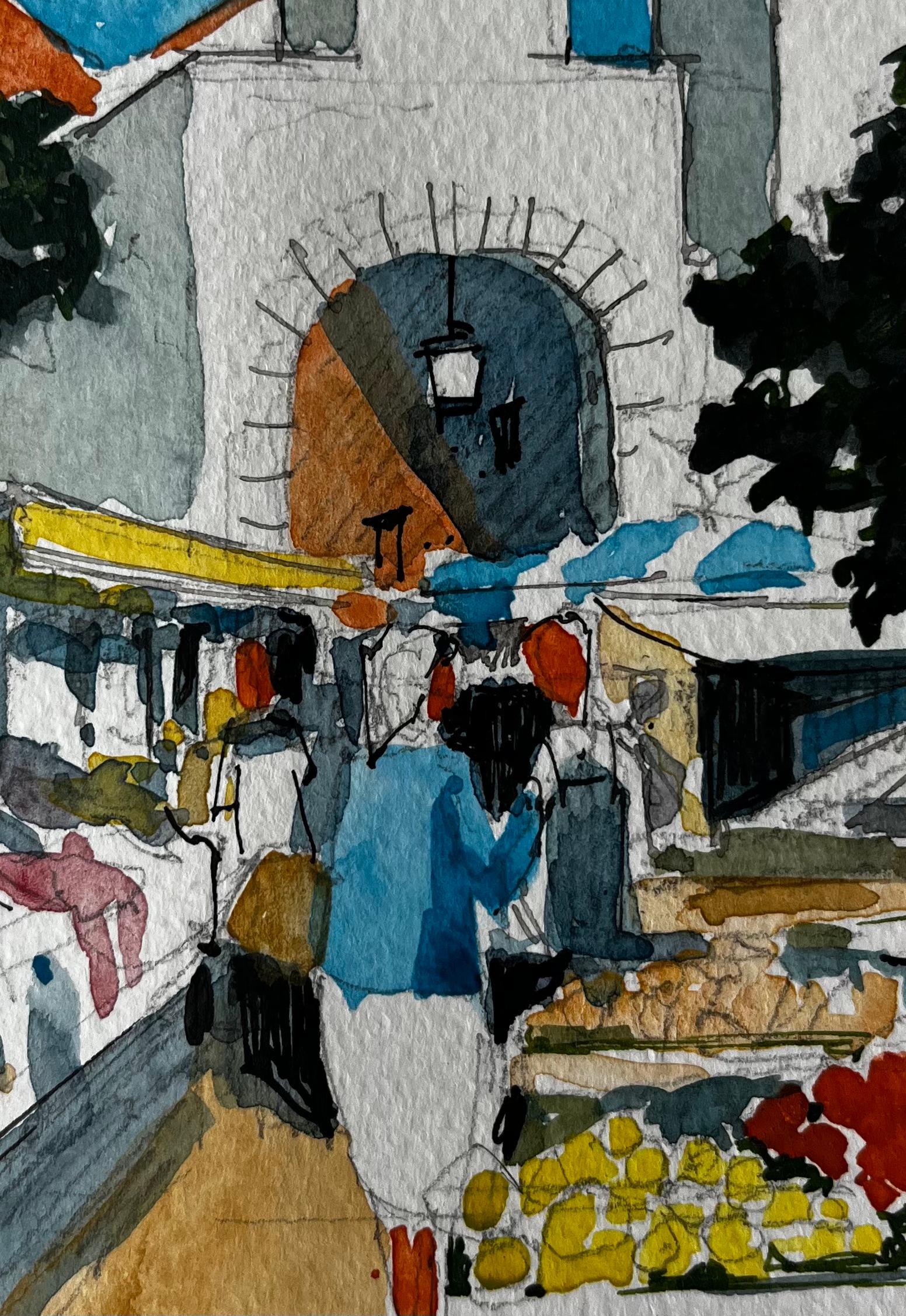 Scène de marché méditerranéen avec tour d'horloge et étals ombragés dans le Southern France en vente 2