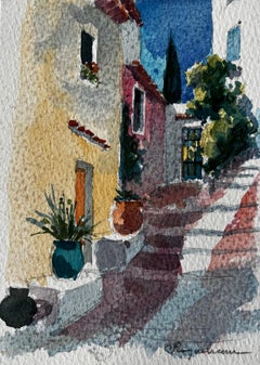 Sunlit Street with Terracotta Pots and Steps in Roquemaure French Village