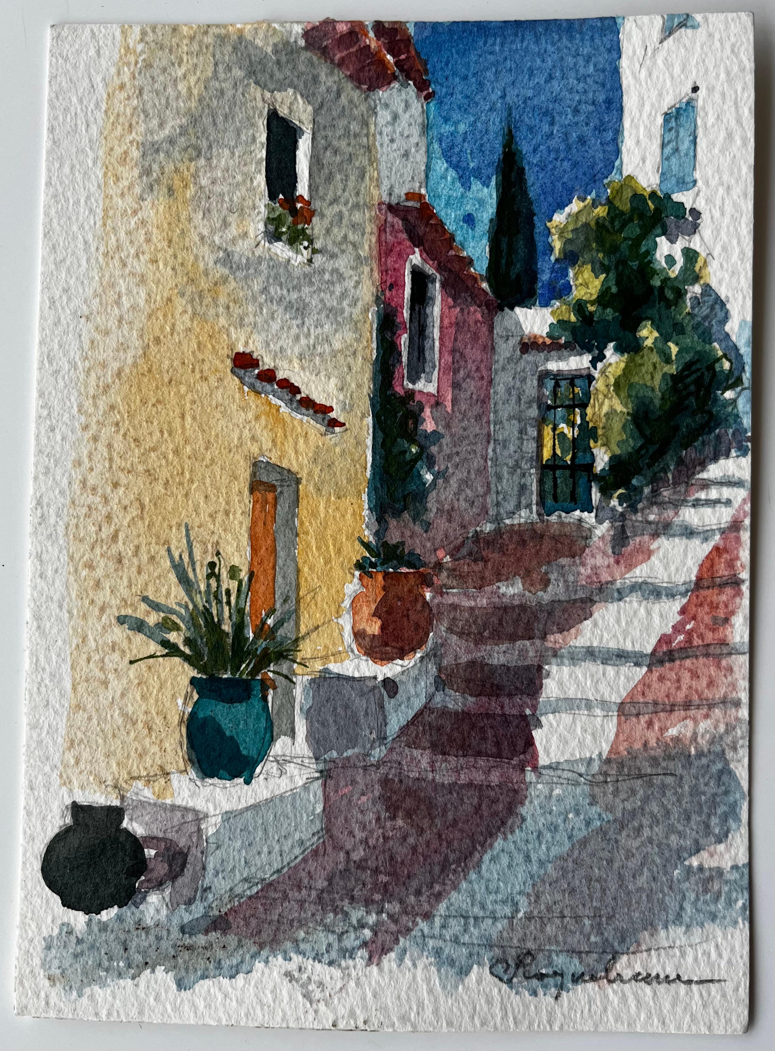 Strada illuminata dal sole con vasi e gradini in terracotta nel villaggio francese di Roquemaure - Painting di Pierre Neveu